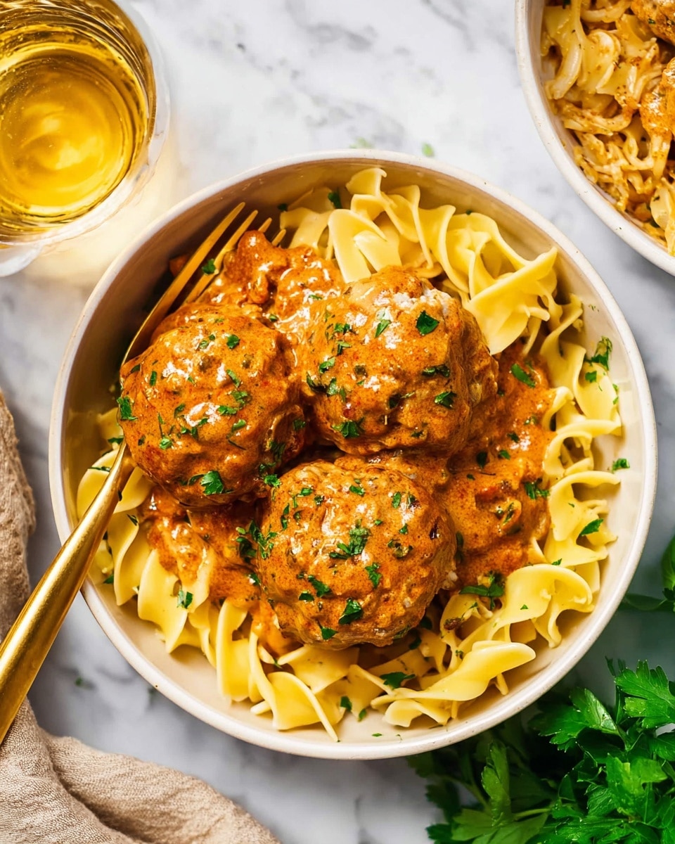 A white bowl sits on a white marbled surface, filled with three large meatballs coated in a thick, creamy reddish-orange sauce with visible bits of onion or spices mixed in, each meatball sprinkled with finely chopped green herbs. The meatballs rest on a bed of yellow twisted egg noodles that fill about half the bowl. A golden fork leans on the side of the bowl, touching some noodles. Nearby, a glass of light golden liquid and part of another white bowl with more noodles and sauce are slightly visible, with fresh green herbs in the bottom right corner of the frame. Photo taken with an iphone --ar 4:5 --v 7