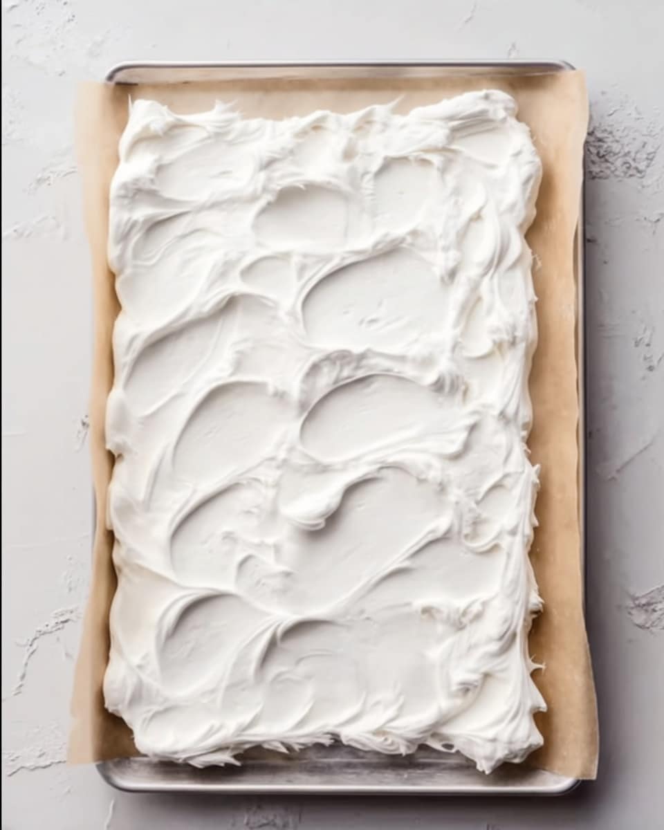 The image shows a single flat layer of whipped white cream spread unevenly on a rectangular parchment paper on a baking tray. The cream has soft, smooth peaks and swirls, with some areas thicker than others, creating a textured surface. The edges of the cream layer are slightly raised and have a wavy border. The baking tray sits on a white marbled textured surface. photo taken with an iphone --ar 4:5 --v 7