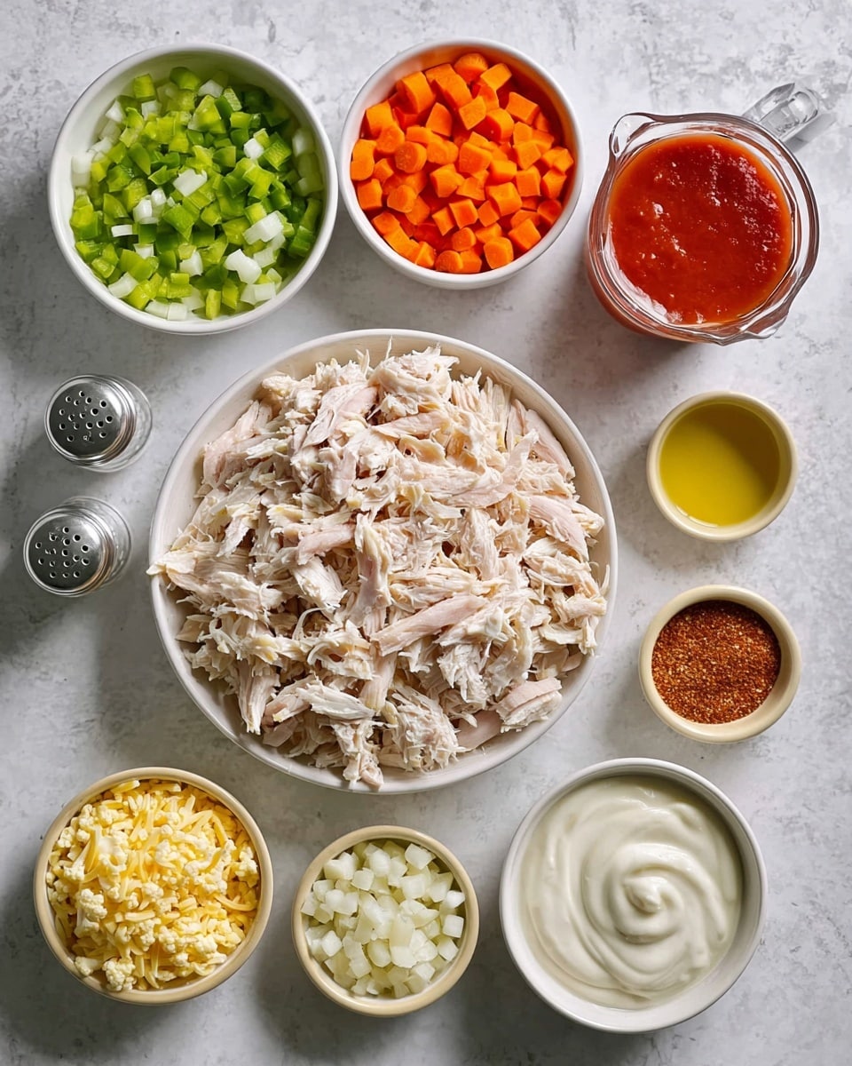 The image shows ingredients arranged neatly on a white marbled surface. In the center is a large white bowl filled with shredded light pink chicken pieces. Above it, a round white bowl is divided half with small diced green bell peppers on the bottom and small diced orange carrots on the top. To the right of the chicken is a clear glass jug filled with red sauce, and salt and pepper shakers stand nearby. Below the chicken are three white bowls: one with small white diced onions, one with finely chopped cauliflower, and one with shredded yellow cheese. A small clear container of olive oil sits between the chicken and cheese bowls. There is also a small beige bowl containing a reddish-brown spice and another white bowl with a dollop of smooth white sauce. The image has soft, even lighting showing all items clearly. photo taken with an iphone --ar 4:5 --v 7