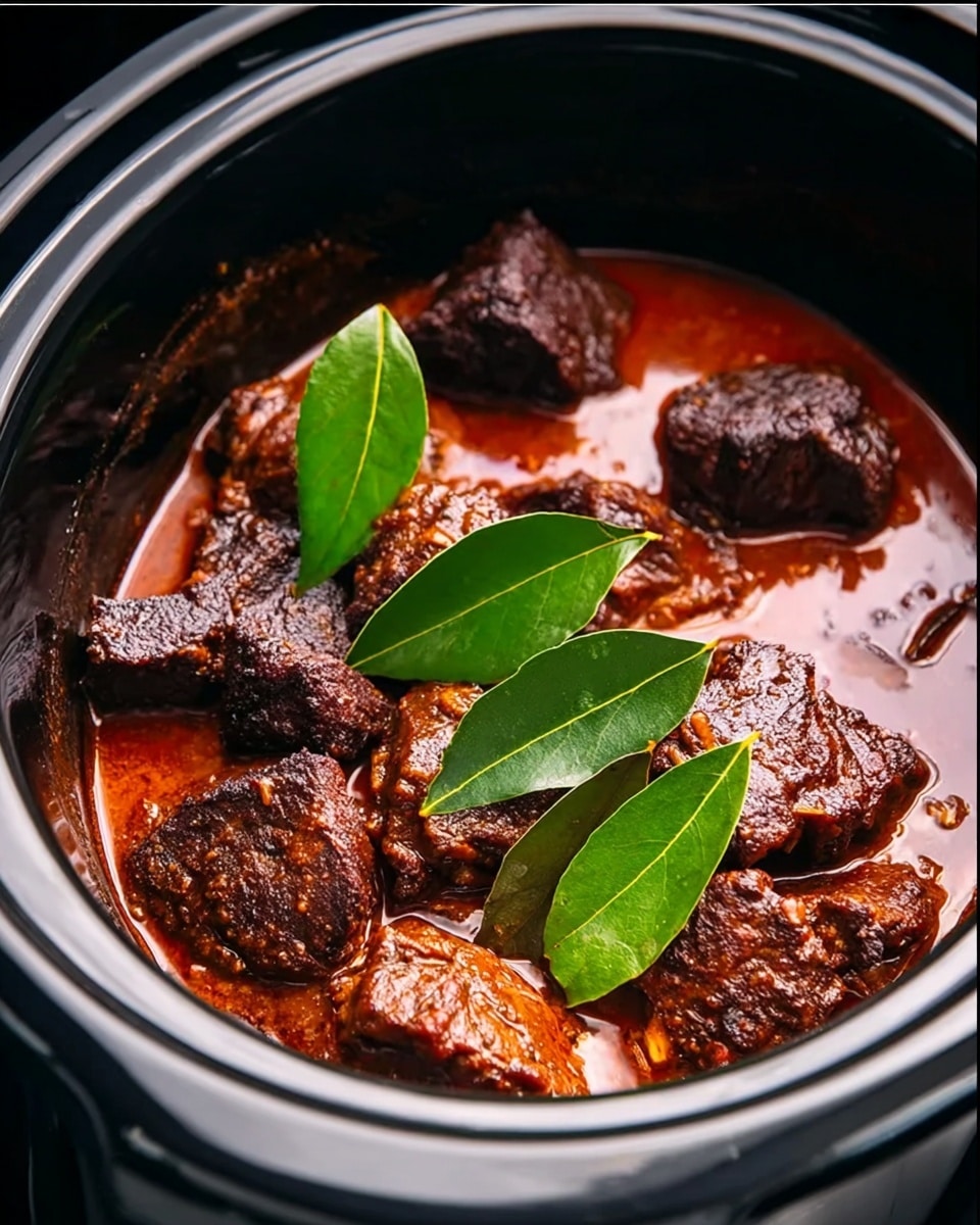 The image shows a black slow cooker filled with dark brown cooked meat pieces in a rich, thick reddish-brown sauce. There are about ten chunks of meat, some with a slightly charred texture, evenly spread in the sauce. On top of the meat are five fresh, bright green bay leaves arranged around the center. The inside of the slow cooker has a smooth, shiny black surface. The photo taken with an iphone --ar 4:5 --v 7