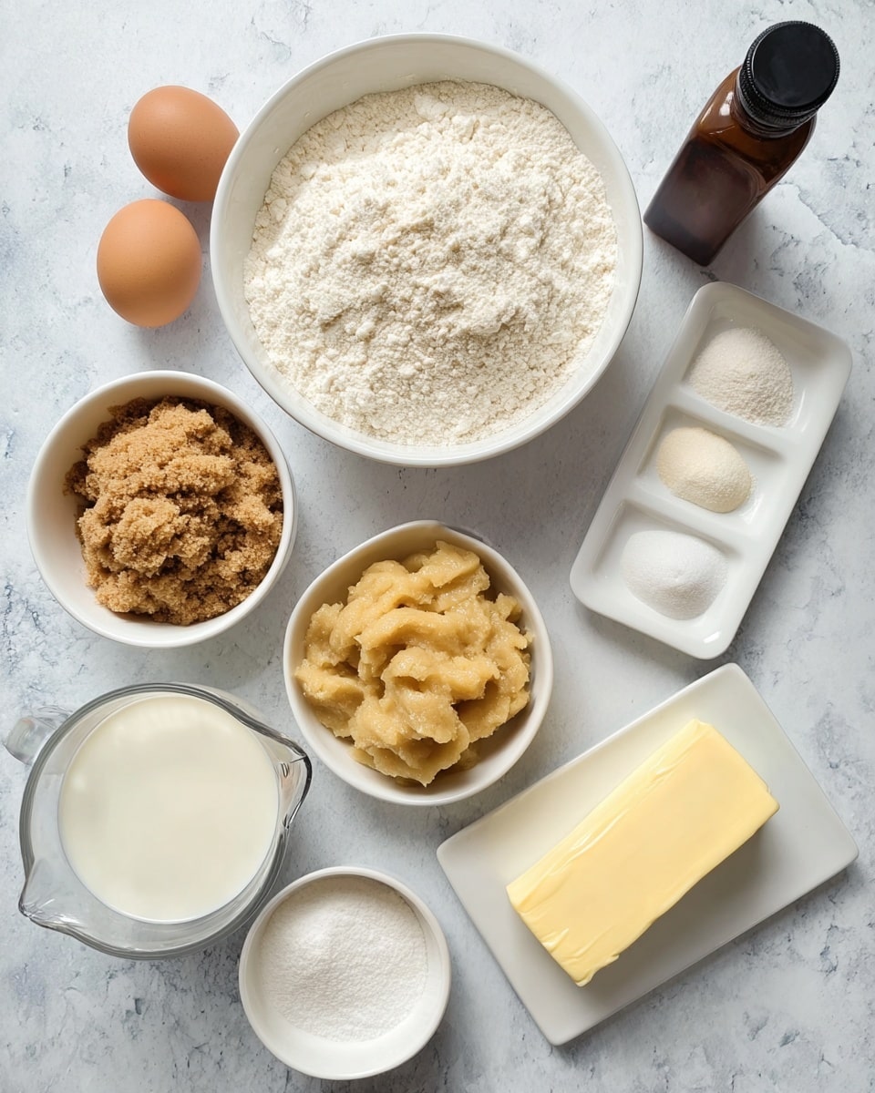 The image shows several white bowls and a white rectangular plate arranged on a white marbled surface. At the top center is a large white bowl filled with white flour. Below it, a smaller white bowl contains light brown mashed bananas. To the left of the bananas, there is a white bowl with brown sugar, and above it, another white bowl holds white granulated sugar. An empty brown egg sits between the sugars and flour bowls. To the right of the mashed bananas is a white rectangular plate with a stick of pale yellow butter. Above the butter, there is a white oval dish holding three small piles of white powders. In the bottom left corner is a clear measuring cup with white milk. At the top right corner, a brown bottle with a black cap stands on the surface. The photo taken with an iphone --ar 4:5 --v 7