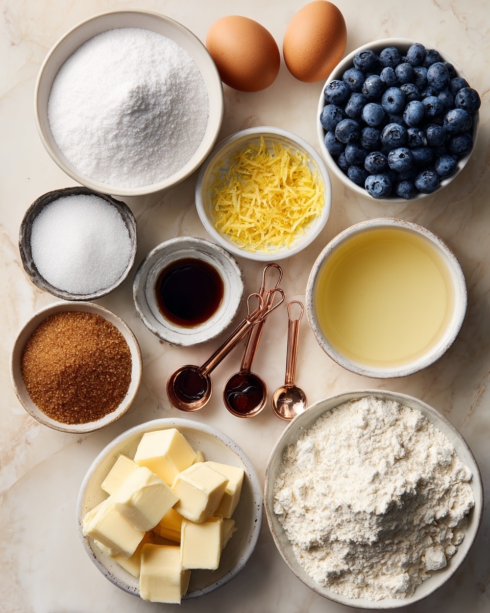 The image shows various baking ingredients arranged neatly on a white marbled surface. There is a white bowl filled with white sugar at the top left and a white bowl with fresh blue blueberries at the top right. Two brown eggs sit in the middle left with a small silver bowl holding white baking soda and salt near the center. Copper measuring spoons contain dark vanilla extract and bright yellow lemon zest, placed near the center right above a white bowl filled with pale yellow lemon juice. Brown sugar sits loosely packed in a white bowl at the bottom left, while a small white dish holds three blocks of pale yellow butter below the eggs. On the bottom right, a white bowl is heaped with white flour. Each ingredient is clearly visible with varying textures and natural colors, all placed on a light beige surface that is now described as white marble. photo taken with an iphone --ar 4:5 --v 7