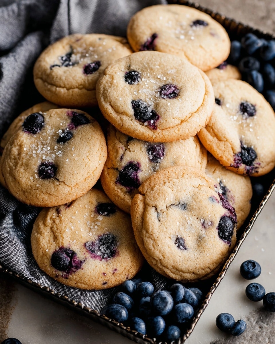 A pile of soft, round cookies with a light golden brown color, each one studded with whole dark blueberries that create deep purple spots. The cookies have a slightly cracked texture on top with large sugar crystals sprinkled across them, adding a bit of sparkle. They are stacked closely on a black metal tray lined with a gray cloth, with some fresh blueberries scattered on a white marbled surface next to the tray. The photo taken with an iphone --ar 4:5 --v 7