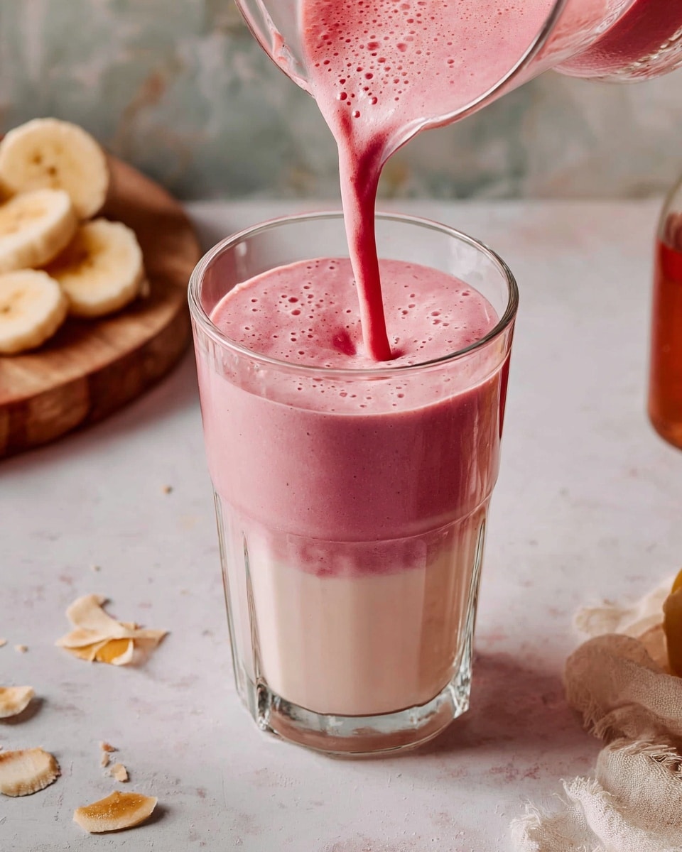 A clear glass is filled with two layers of smoothie, the bottom layer is a smooth light cream color, and the top layer is a thick pink smoothie being poured into the glass from a transparent container above. The pink smoothie has a creamy texture with small bubbles on its surface. The scene is set on a white marbled texture with some scattered banana chips near the glass, a wooden board with banana slices, and a small bottle of syrup partly visible in the background. photo taken with an iphone --ar 4:5 --v 7