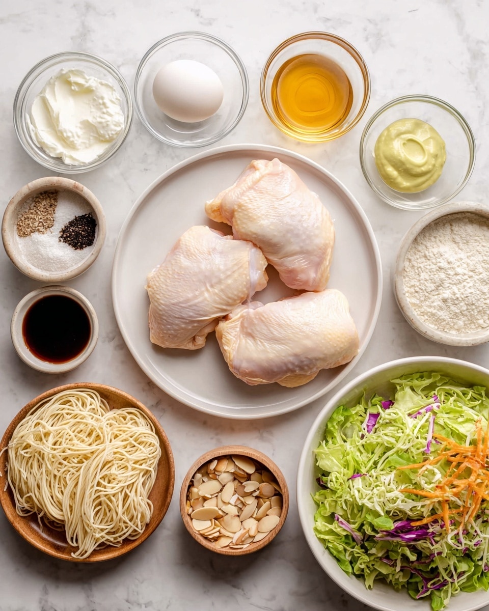 The image shows several ingredients arranged on a white marbled surface. In the center, a white plate holds three raw chicken pieces with smooth, pale pink skin. Surrounding the plate are nine small bowls containing different ingredients: a clear bowl with egg white, a white bowl with golden honey, a clear bowl with a small amount of dark liquid, a clear bowl with light green mustard, a white bowl with white mayonnaise, a wooden bowl with white and black salt and pepper, a clear bowl with flour, a clear bowl with white powder, a wooden bowl with sliced almonds, a white bowl filled with crunchy beige noodle sticks, and a white bowl full of fresh green salad with shredded purple cabbage and orange carrot pieces. photo taken with an iphone --ar 4:5 --v 7