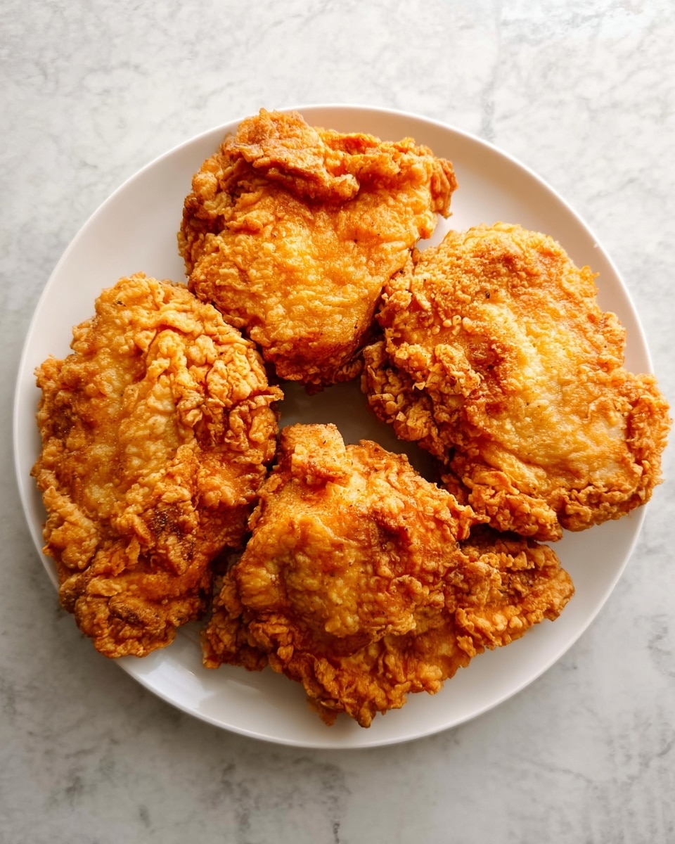 A white plate holds four large pieces of crispy fried chicken, each with a golden-brown, bumpy, and crunchy coating. The chicken pieces are arranged closely in a circle, showing uneven bubbly textures and a slightly orange tint in some areas. The plate rests on a white marbled surface, enhancing the warm color of the fried chicken. photo taken with an iphone --ar 4:5 --v 7