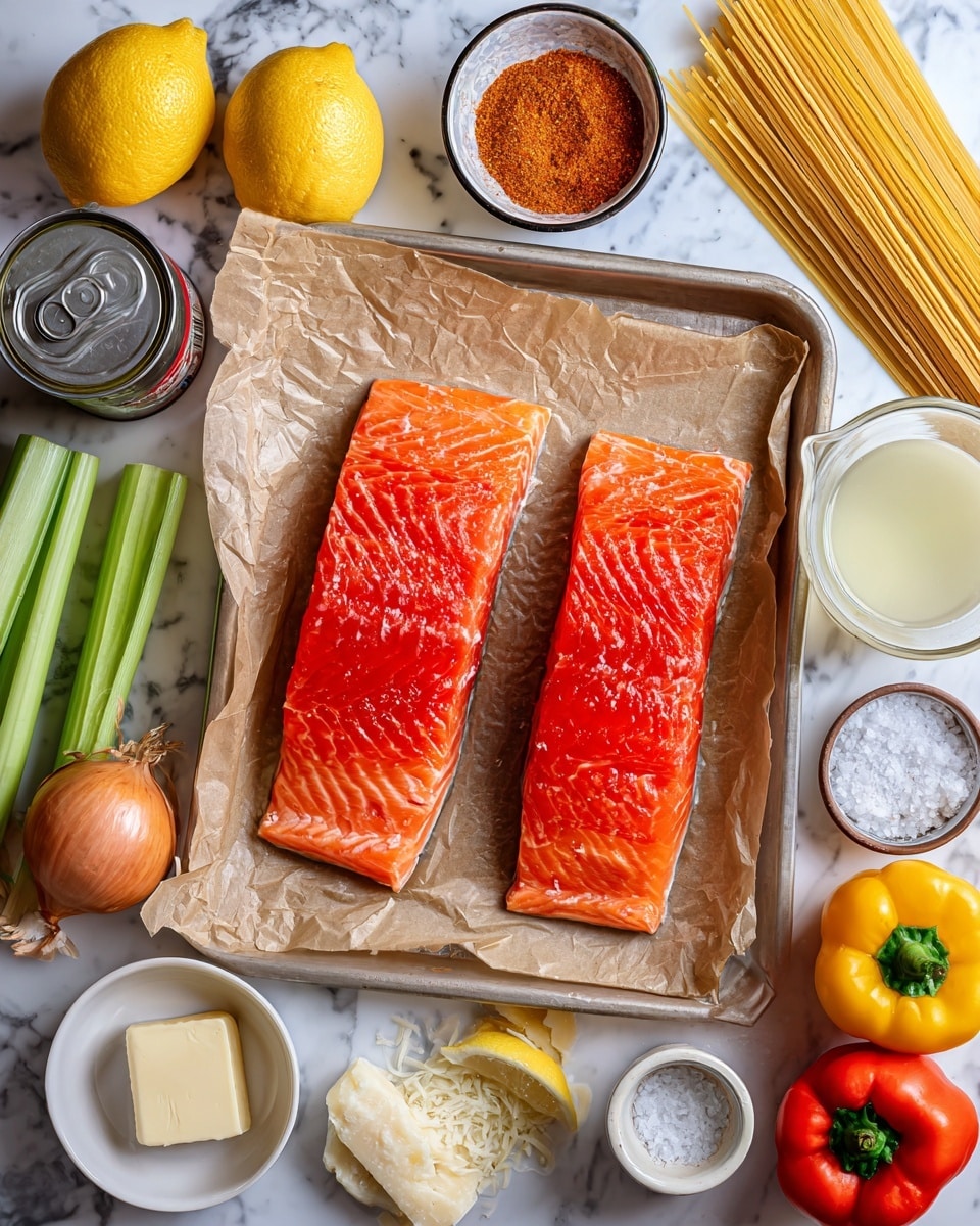 The image shows two bright red salmon fillets placed side by side on brown crumpled paper inside a large metal baking tray, lying on a white marbled surface. Around the tray, there are various ingredients: two green celery sticks on the left, a whole yellow lemon below them, and a whole orange onion just below the lemon. Next to the onion is a can of seafood stock, and near it a small round white bowl with coarse white kosher salt. Below the salt, there is a small round bowl with orange Cajun seasoning, a white cup with olive oil, a small plate with a square piece of unsalted butter, and a bulb of garlic close by. On the right side of the image, there is a yellow bell pepper and a green bell pepper, with a tin of tomato paste above them. Near the center is a transparent measuring cup filled with white wine, and a white jug filled with heavy cream. A large block of Parmesan cheese sits near the top right of the image. An upright container holding long, uncooked pasta stands to the top left. The whole scene is on a white marbled surface, and the photo has a bright, clean look. Photo taken with an iphone --ar 4:5 --v 7