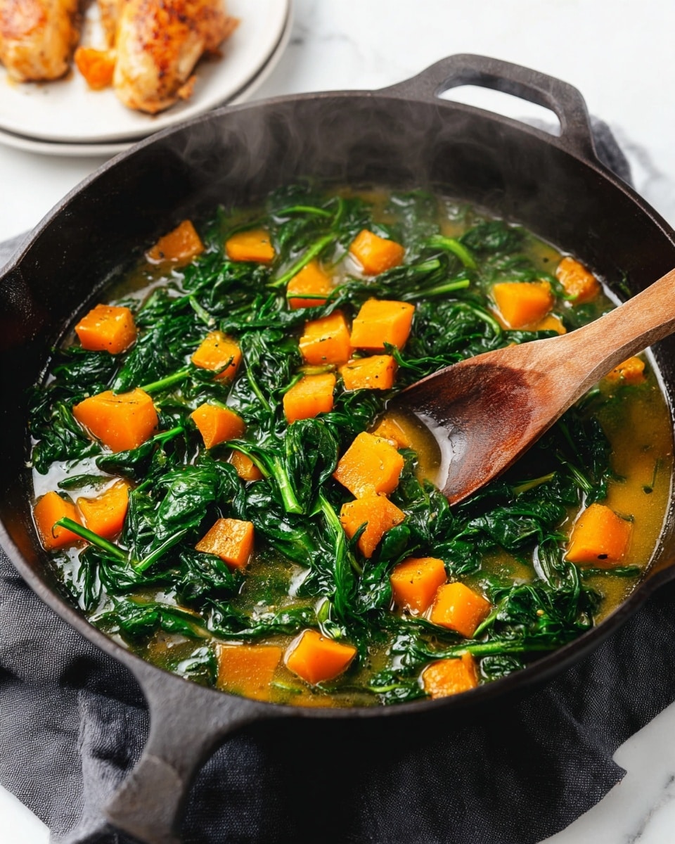 A black cast iron pan filled with cooked spinach and bright orange cubes of butternut squash in a light broth, with some steam rising from the hot mixture. A wooden spoon rests inside the pan, soaking up some of the liquid. The pan sits on a soft dark gray cloth, all against a white marbled surface. In the upper right corner, part of a white plate with two pieces of cooked golden brown chicken is visible. photo taken with an iphone --ar 4:5 --v 7