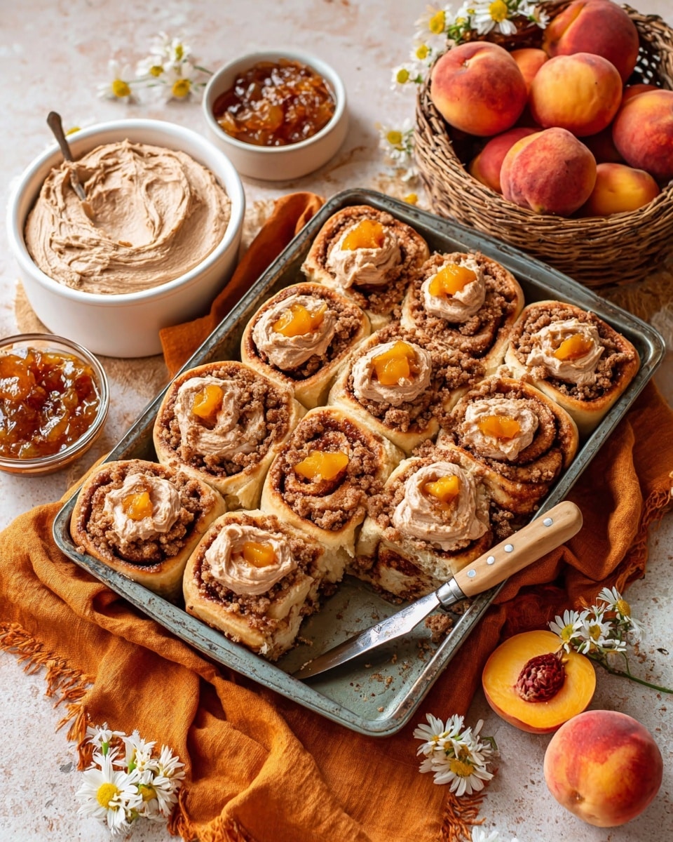 The image shows a metal baking tray filled with nine warm cinnamon rolls, each roll having a golden-brown crust with visible swirls of cinnamon and sugar, topped with crumbly streusel. On top of three rolls, there are dollops of light brown creamy frosting with chunks of glossy peach preserves, creating a soft texture against the baked rolls. A knife with a wooden handle rests on the tray, lifting some frosting. Around the tray, there is a white bowl of thick frosting with specks of cinnamon, a small white bowl filled with chunky peach preserves, and a round basket holding ripe peaches. The setting is on a white marbled textured surface with an orange cloth cloth underneath the tray. Small white and yellow flowers are scattered for decoration. photo taken with an iphone --ar 4:5 --v 7