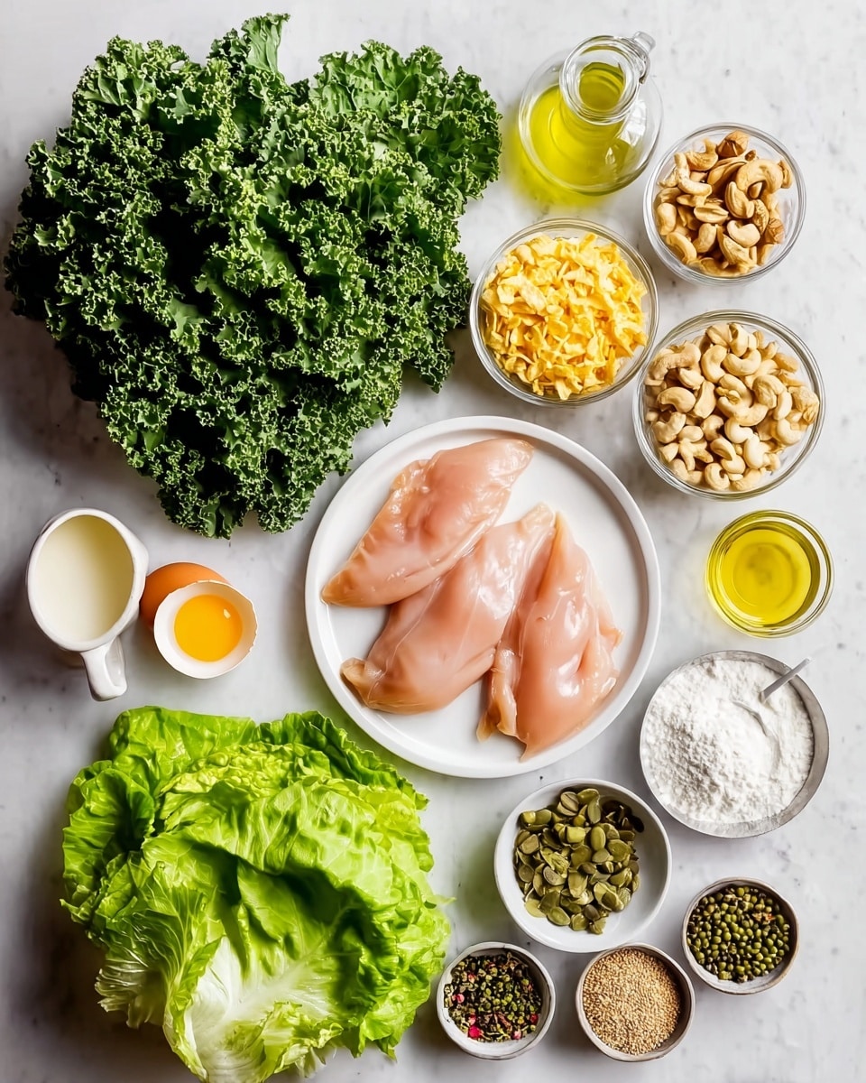 The image shows fresh ingredients arranged neatly on a white marbled surface. At the top left is a large bunch of curly green kale, and at the bottom left is a bright green head of lettuce with open leaves. In the center, a white plate holds four raw pink chicken fillets. Surrounding these are small bowls and containers holding various items: a bowl with yellow corn flakes, a bowl with light brown cashew nuts, a small bowl with yellow mustard, a glass bowl with two cracked eggs, a small white jug with olive oil, a small white bowl with clear liquid, a white bowl of white flour, and several small glass bowls filled with spices, seeds, and capers. The arrangement is tidy and colorful, highlighting the freshness and variety of ingredients photo taken with an iphone --ar 4:5 --v 7