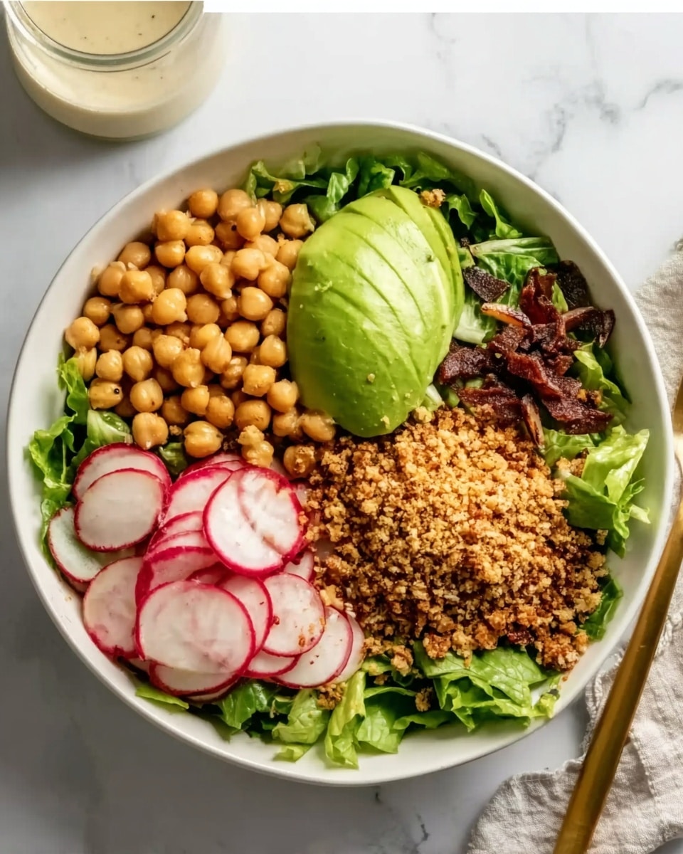 A white bowl filled with a colorful salad on a white marbled surface. The bottom layer is leafy green lettuce, covering most of the bowl. On top, there are four sections: one with round light yellow chickpeas clustered together, one with sliced red and white radishes placed in a small pile, one with a smooth, bright green half avocado resting on the lettuce, and one with a mound of golden brown crushed nuts or grains sprinkled densely. A few dark brown pieces, possibly dried fruit, are mixed near the crushed nuts. A gold fork is partially visible next to the bowl. Photo taken with an iphone --ar 4:5 --v 7