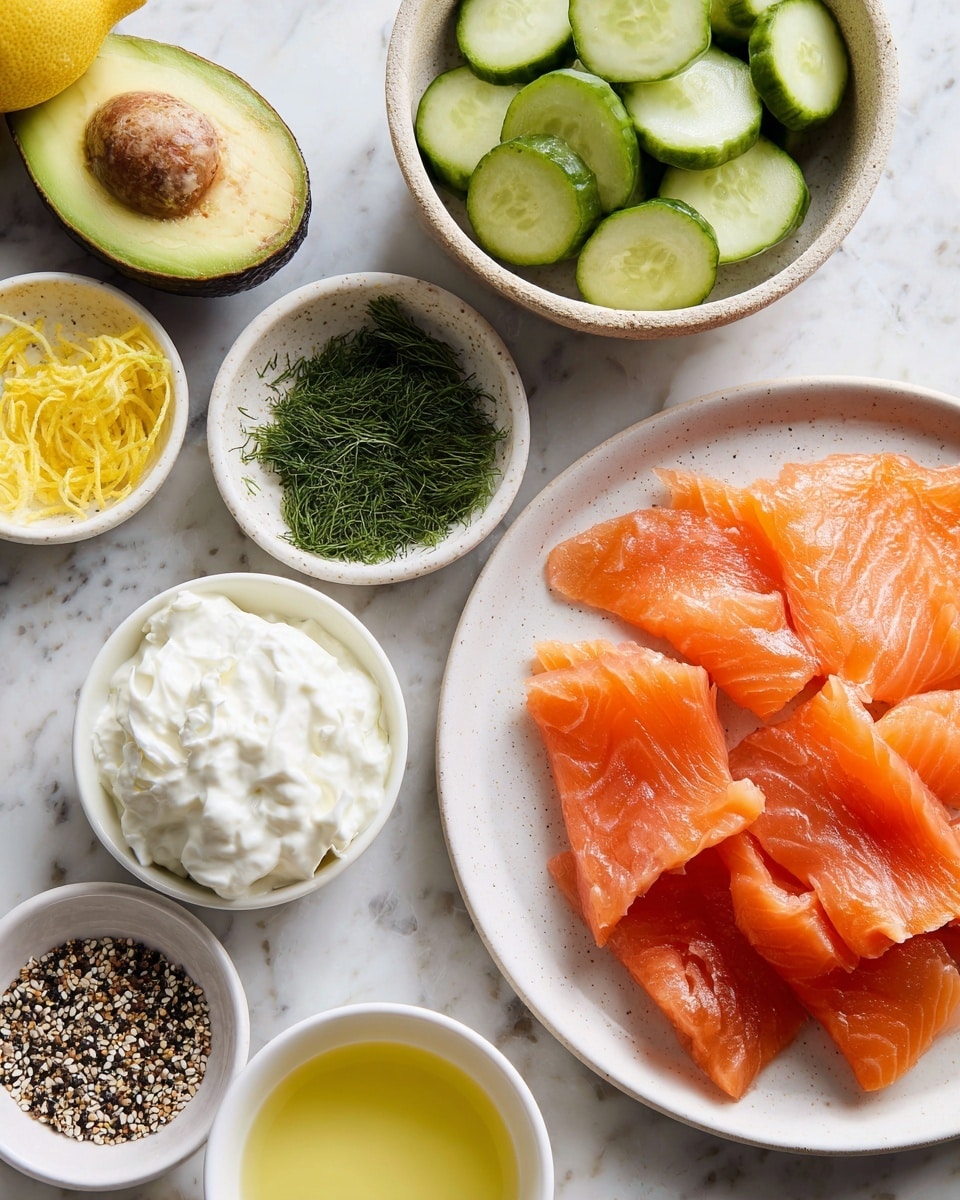 The image shows several small white bowls and one white plate arranged on a white marbled surface. The white plate, placed near the top center, holds thin, orange-pink slices of smoked salmon neatly layered, covering the plate. To the bottom left of the plate is a small white bowl filled with smooth, white cream cheese, textured with slight swirls. Below that is a small white bowl containing green, finely chopped dill. Next to that is another white bowl with coarse salt and black pepper specks. Below that is a bowl with light yellow lemon juice. At the bottom center sits a white bowl holding black and white toasted sesame seeds. To the right, a halved dark green avocado and a dark green cucumber rest side by side. Above the avocado and cucumber, a small white bowl holds thin strands of bright yellow lemon zest. The overall look is clean and fresh, with a clear view of each ingredient. Photo taken with an iphone --ar 4:5 --v 7