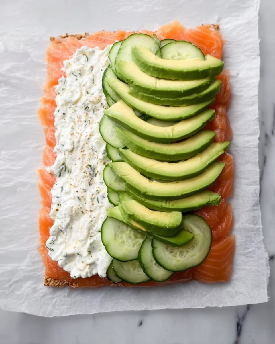 A rectangular flat layer of bright orange smoked salmon forms the base, spread smoothly on white parchment paper. On top of the salmon, there is a thick, even layer of white cream cheese with visible small bits mixed inside, covering about two-thirds of the salmon. Lined up neatly at the bottom edge of the cream cheese are thin, long slices of green cucumber arranged side by side. Above the cucumber slices, arranged in two overlapping rows, are thick, bright green slices of avocado with smooth and soft texture. The whole setup is on a white marbled surface. Photo taken with an iphone --ar 4:5 --v 7
