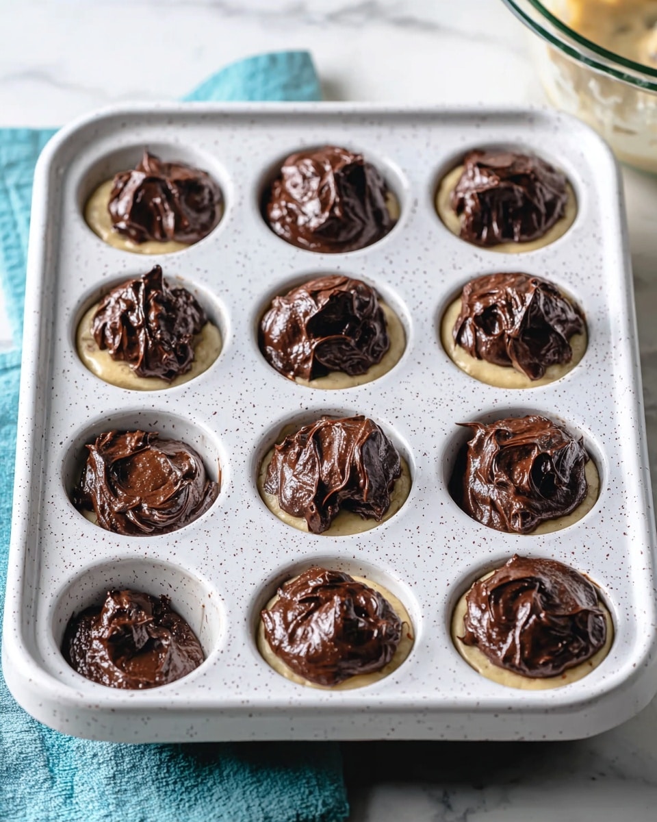 A white speckled muffin tray holds twelve cups, each filled with two layers: a smooth, light beige batter bottom layer and a thick, dark brown chocolate batter dolloped unevenly on top, creating a rough, textured surface. The tray sits on a white marbled surface with a bit of a blue cloth peeking from the upper side, and part of a glass mixing bowl with white batter is visible on the right side. The chocolate batter contrasts sharply with the pale layer beneath, making each cup look rich and ready to bake. Photo taken with an iphone --ar 4:5 --v 7