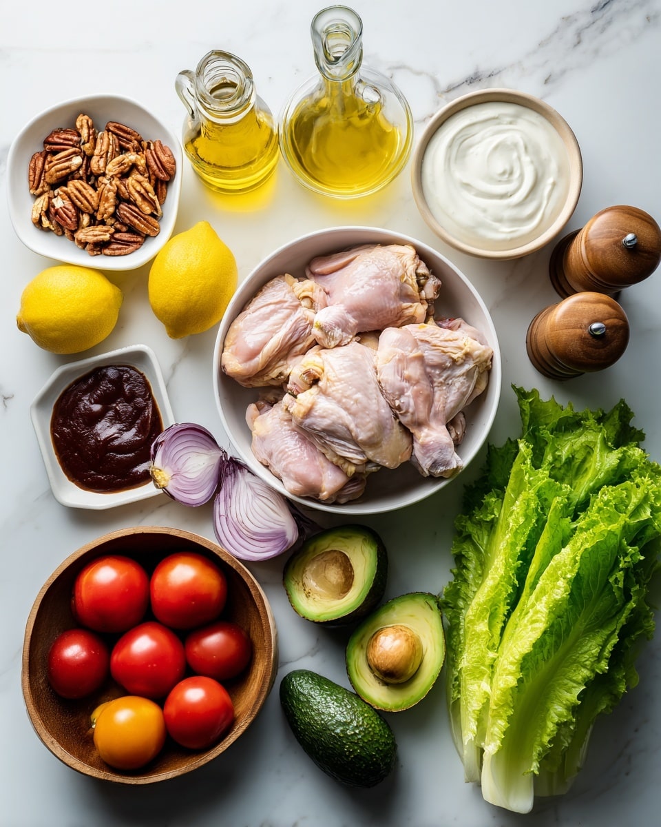 A flat lay image shows various fresh ingredients arranged on a white marbled surface. In the center right, a white bowl is filled with raw chicken thighs with pink and light orange skin tones. To the right of the bowl are two wooden salt and pepper grinders, and a small white bowl of thick white Greek yogurt. Above the chicken bowl are glass bottles of clear vinegar and gold olive oil. Near the top left is a small white square dish with brown pecans and next to it a small white bowl of dark red BBQ sauce. Below those is a rustic brown container filled with shiny red tomatoes. At the left side, a bright yellow lemon, a dark green avocado, a small red onion, a long dark green cucumber, and fresh green romaine lettuce leaves from left to right form a horizontal row. The colors are bright and fresh, set on the smooth white marbled background. photo taken with an iphone --ar 4:5 --v 7