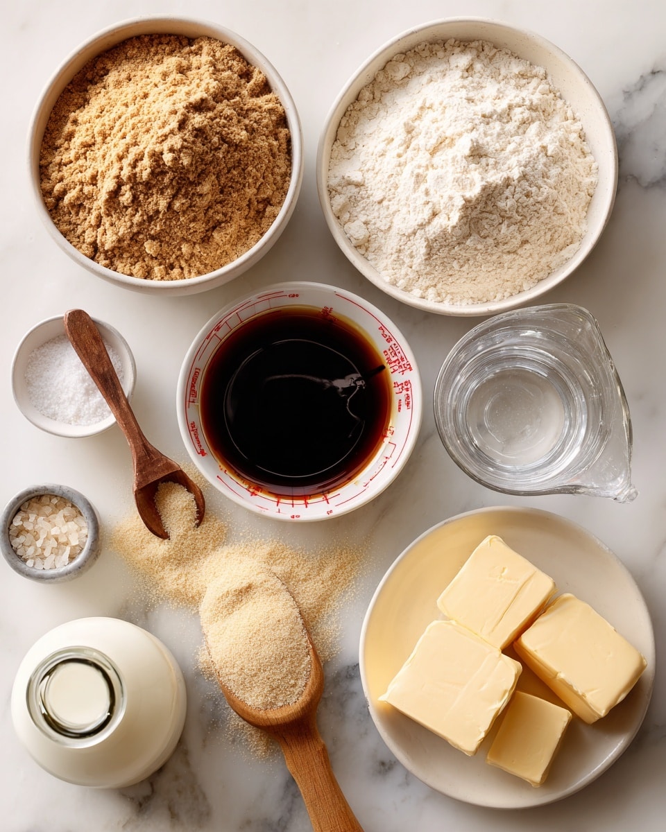 The image shows various ingredients each in separate containers on a white marbled background. There is a round bowl filled with light brown whole wheat flour at the top left. To its right, a white bowl contains dark brown molasses with a spoon hovering above pouring the liquid. Below the flour, there is a clear plastic measuring cup filled with water, showing red measurement marks. Next to it on the right, a round white bowl holds a heap of white gluten flour. Below the water, a wooden scoop is spilling beige yeast powder onto the surface. In the bottom middle, there is a clear glass bottle filled with white milk. At the bottom right, three pieces of pale yellow butter are placed together. A clear glass salt shaker with white salt inside is also visible near the bottom left of the image. Each ingredient has its name written underneath in black, simple text. photo taken with an iphone --ar 4:5 --v 7