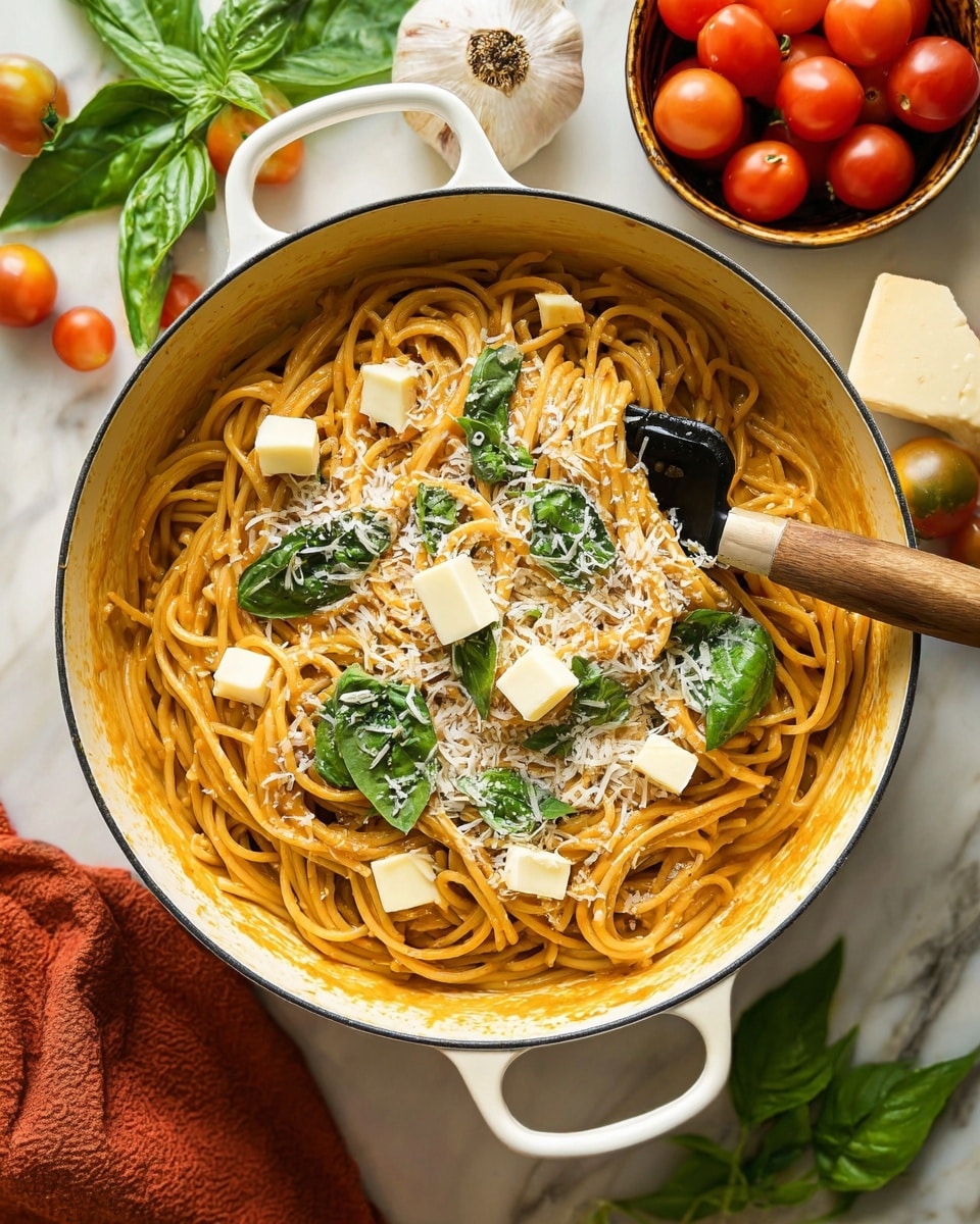 A white pot filled with cooked spaghetti pasta with a smooth, orange sauce coating the bottom layer. On top, there are bright green fresh basil leaves scattered unevenly, followed by a generous layer of grated white cheese that covers much of the pasta and basil. Small cubes of pale yellow butter rest on top of the cheese and basil. A black spatula with a wooden handle lies inside the pot, partially covered by the pasta. Around the pot, on a white marbled surface, there is a bowl of whole cherry tomatoes, some loose cherry tomatoes, a garlic bulb, and green basil leaves. photo taken with an iphone --ar 4:5 --v 7