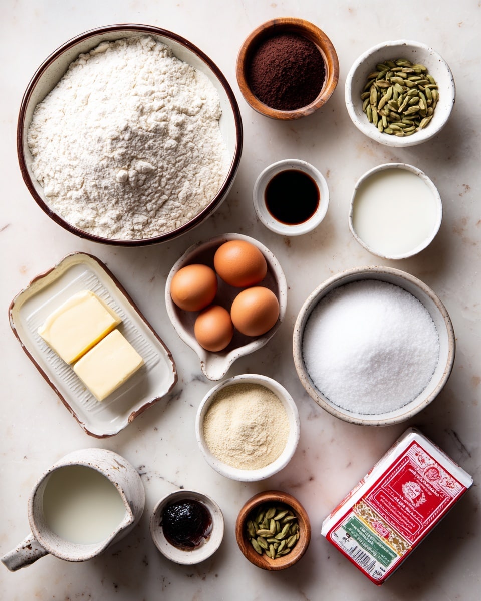 A flat lay of various baking ingredients is arranged on a white marbled surface. At the top left is a large white bowl filled with white all-purpose flour with a dark brown rim. To its right is a medium white bowl filled with dark brown sugar. Below the large bowl, two brown eggs sit on a small white egg tray. Next to the eggs is a small white bowl with dark vanilla extract. Near the center right is a medium white bowl holding light beige yeast and below it, a white bowl with green cardamom pods. To the right is a small round wooden bowl filled with white kosher salt. At the bottom right corner, a wrapped block of unsalted butter with red and gold packaging lays on the surface. Near the bottom left, a small white jug with water sits next to a speckled white cup filled with whole milk. Near the center left, a small wooden bowl holds white Swedish pearl sugar, and above it on the left side is a tiny bowl of black vanilla bean paste. Everything is neatly spaced and well lit. Photo taken with an iphone --ar 4:5 --v 7