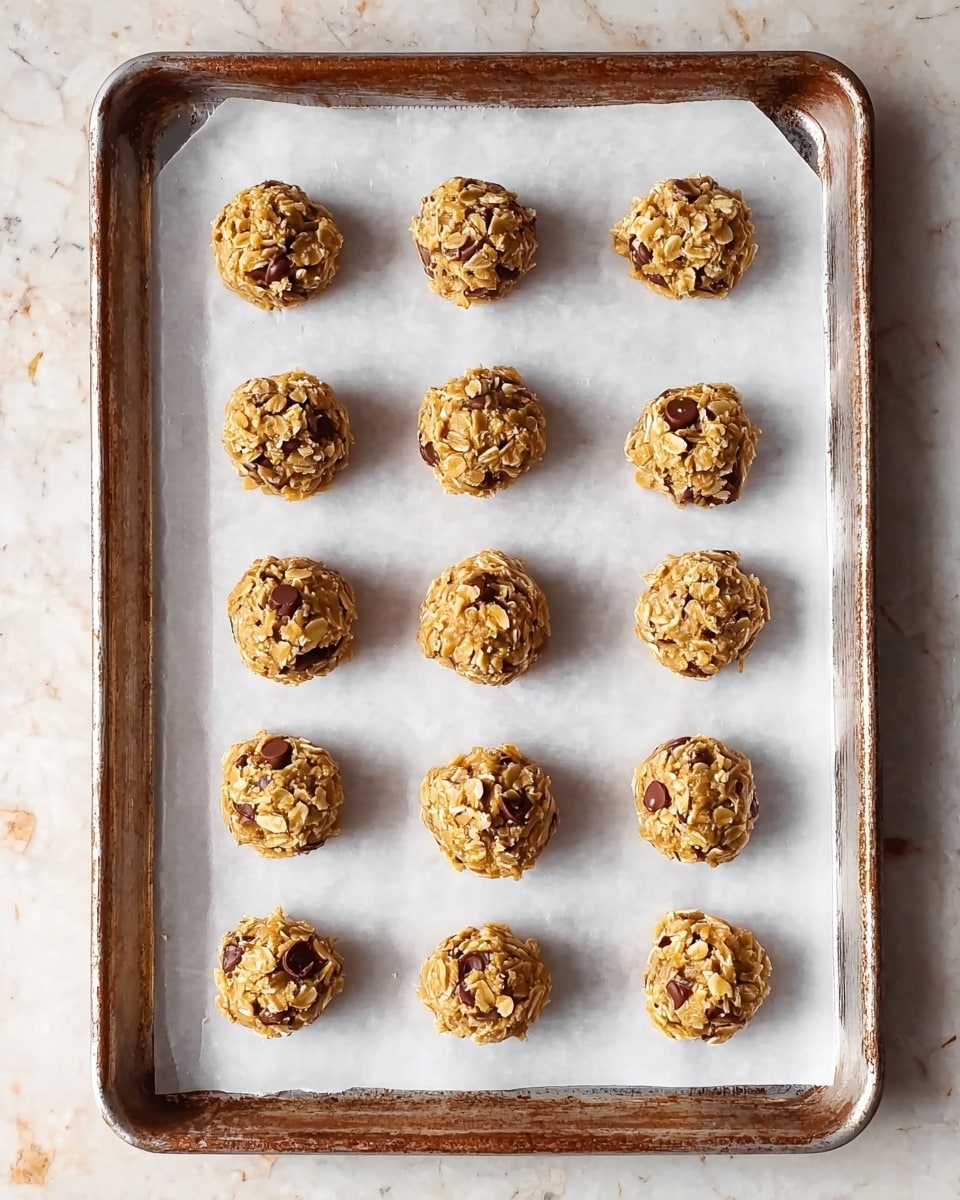 There are twelve small round cookie dough balls arranged in three rows on a baking tray lined with white parchment paper. The dough is light brown with visible oats and chocolate chips embedded throughout each cookie ball, giving them a rough texture. The baking tray is placed on a white marbled textured surface. photo taken with an iphone --ar 4:5 --v 7