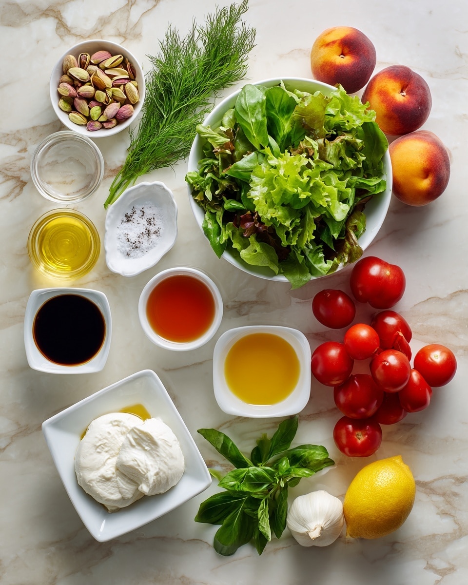A collection of fresh ingredients arranged on a white marbled surface: a white bowl filled with mixed green leaves and bright red grape tomatoes on the right side; two whole peaches or nectarines with orange and red hues placed nearby; a small white plate holding fresh green herbs, including sprigs of dill and basil, below the bowl; a white square dish with creamy white burrata cheese on the bottom left; a small white dish holding salt and pepper seasoning next to it; another small white bowl containing shelled pistachios on the upper left; three small bowls holding balsamic vinegar (dark brown), olive oil (golden yellow), and red wine vinegar (reddish orange) arranged vertically; a whole yellow lemon and a bulb of white garlic placed near the mixed greens; photo taken with an iphone --ar 4:5 --v 7