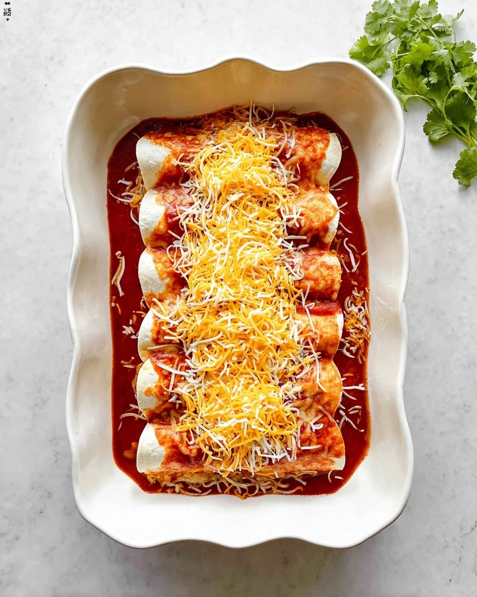 A white ceramic rectangular baking dish with wavy edges holds six rolled tortillas arranged side by side in one layer. The tortillas are covered with a thick layer of red tomato-based sauce that pools at the bottom of the dish. On top of the sauce and tortillas, there is a generous sprinkle of shredded cheese with a mix of yellow and white strands, scattered evenly over the entire dish. The dish sits on a white marbled texture surface, and a small bunch of fresh green cilantro is placed next to the dish on the right side. Photo taken with an iphone --ar 4:5 --v 7