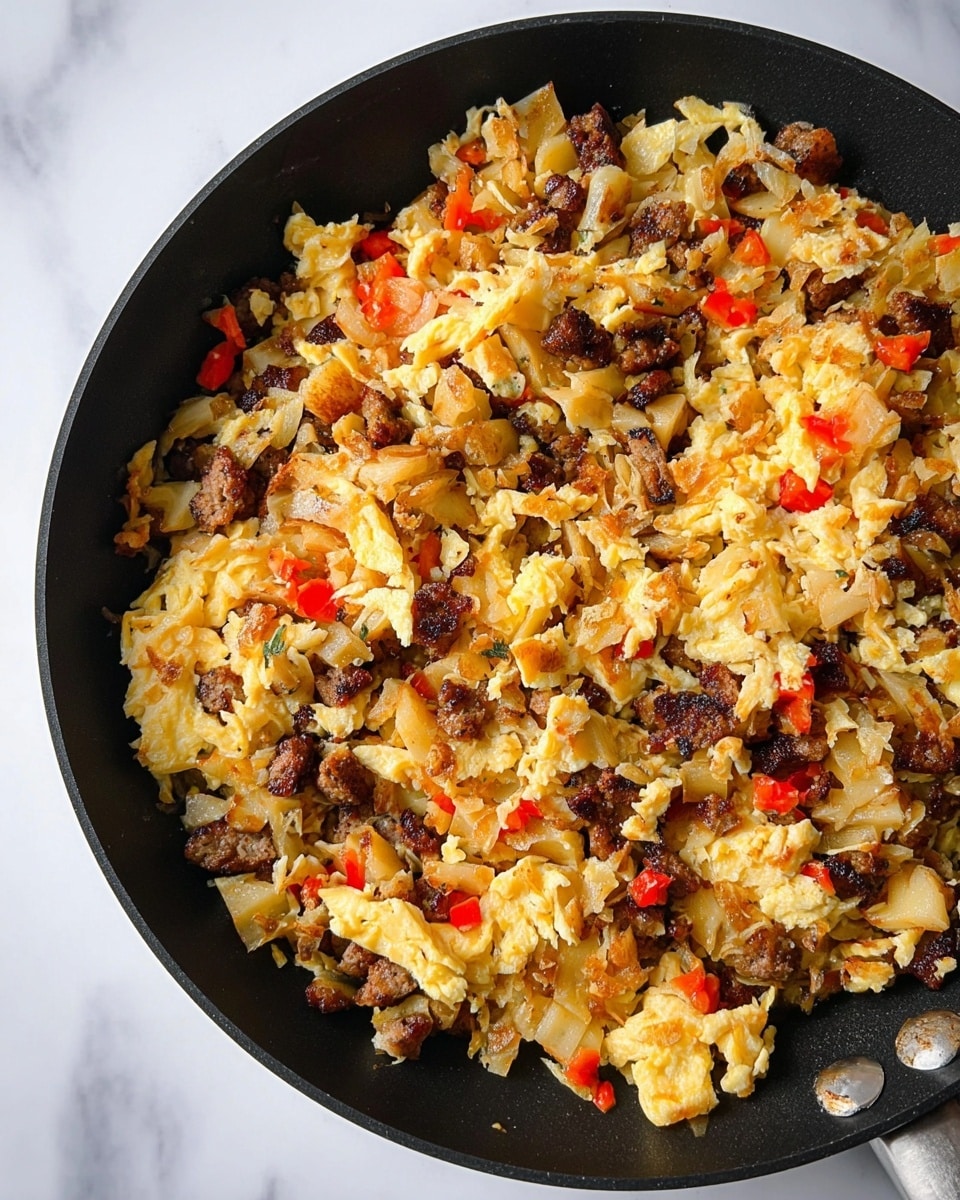A close-up view of a black frying pan filled with a cooked mix of light golden scrambled eggs, browned and crispy light beige shredded potatoes, dark brown small sausage pieces, and small bits of red bell pepper scattered throughout. The textures show soft scrambled eggs, crunchy potatoes, and firm sausage, all mixed evenly in the pan. The pan is placed on a white marbled surface. photo taken with an iphone --ar 4:5 --v 7