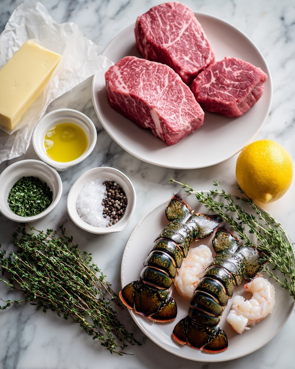 The image shows raw ingredients arranged neatly on a white marbled surface. There are two thick pink pieces of filet mignon with subtle marbling, placed on a white plate on the top right. Below them, two lobster tails with dark green and brown striped shells and creamy white meat peek out on another white plate. Surrounding these are small white bowls containing green fresh thyme, minced garlic, white salt with black pepper, and fresh rosemary. A small block of butter wrapped in paper is placed on the left, and a bright yellow lemon sits on the right side of the layout. Everything is well-lit, bright, and clearly visible, photo taken with an iphone --ar 4:5 --v 7
