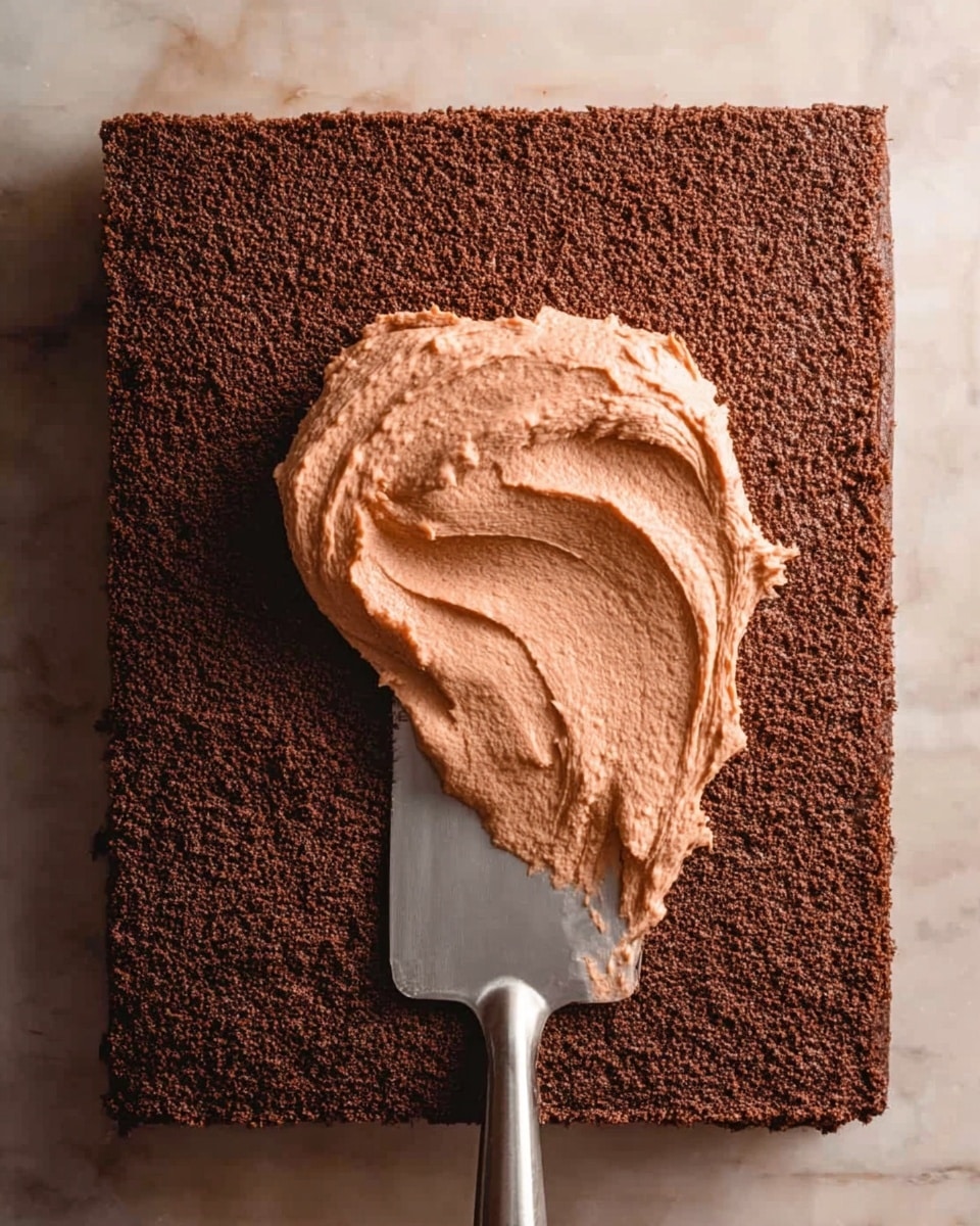 A rectangular dark brown chocolate cake layer with a rough texture on top lies flat on a white marbled surface. On the cake's center, there is a large dollop of smooth, light brown chocolate frosting being spread with a flat, shiny silver spatula angled downward. The frosting looks creamy and fluffy, with swirling patterns from the spreading motion. photo taken with an iphone --ar 4:5 --v 7