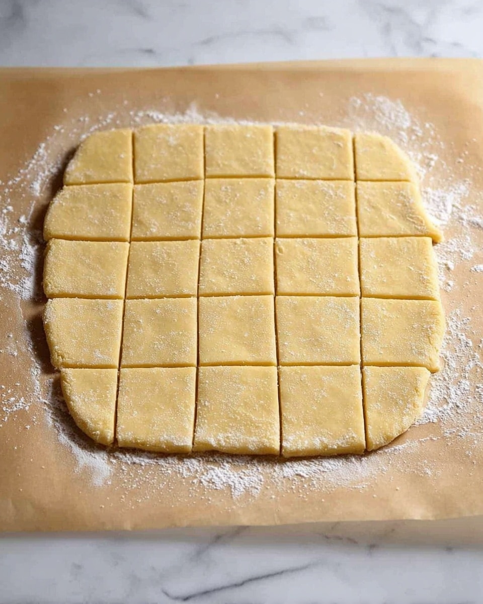 A flat, light yellow dough sheet is rolled out thinly on a light brown parchment paper, placed over a white marbled surface. The dough is cut into a grid with 24 small squares, arranged in 4 rows and 6 columns, with soft edges and a slightly rough texture around the borders where bits of dough have spread. There is a fine dusting of flour scattered lightly on the dough and parchment paper. The image is well-lit, showing the soft dough texture clearly. photo taken with an iphone --ar 4:5 --v 7
