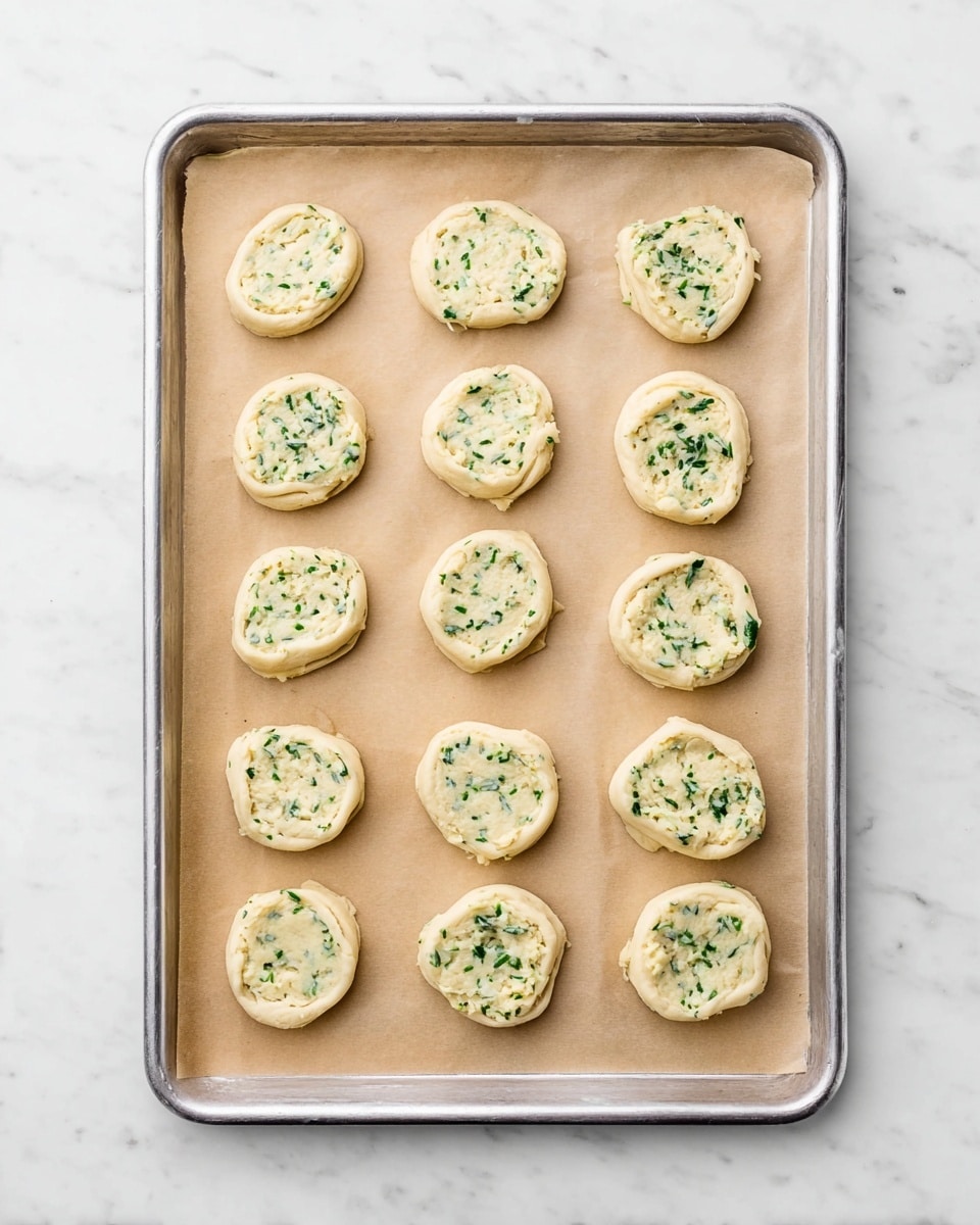 The image shows a metal baking tray lined with brown parchment paper, placed on a white marbled surface. On the tray, there are 15 small rounds of unbaked dough arranged in a 3 by 5 grid. Each dough piece has a light beige outer layer and is filled with a creamy mixture containing finely chopped green herbs, giving a speckled green and white look to the center of each round. The dough rounds are evenly spaced and look soft and slightly thick. photo taken with an iphone --ar 4:5 --v 7