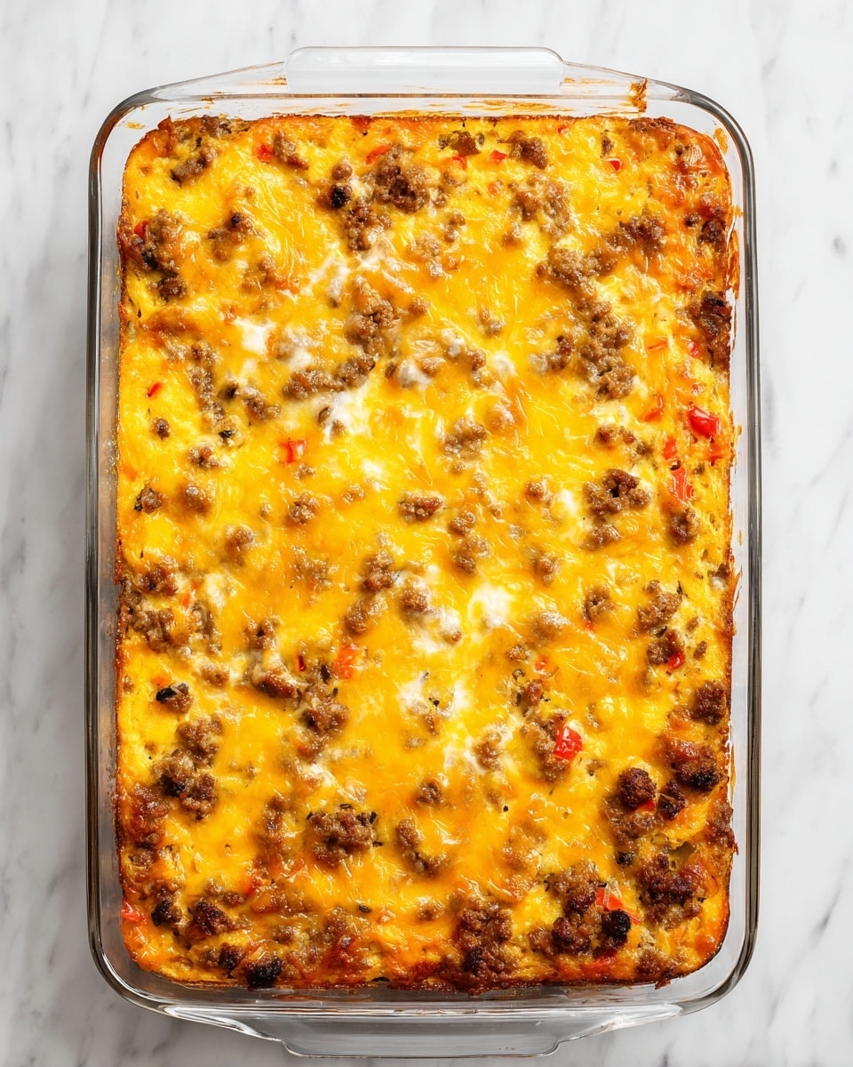 A clear rectangular glass baking dish sits on a white marbled surface, filled with a baked casserole that has one visible thick layer. The top layer is golden-yellow melted cheese with small browned areas and scattered pieces of cooked ground meat and bits of red bell pepper mixed in, creating a textured and slightly uneven surface. The edges show slight browning where the cheese has crisped, while the middle remains soft and gooey. The casserole looks rich and hearty, filling the dish fully to the edges. photo taken with an iphone --ar 4:5 --v 7