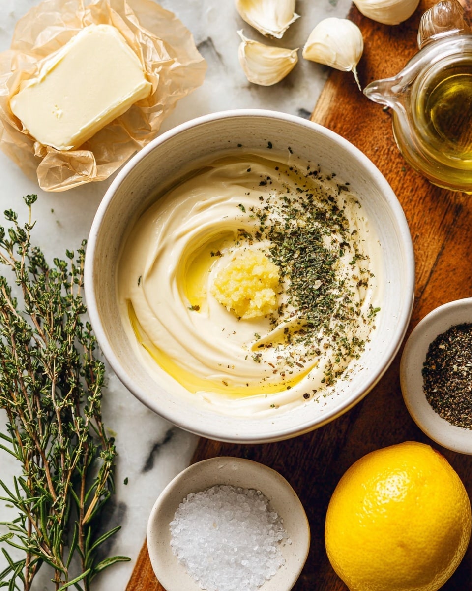A white bowl filled with smooth, creamy mayonnaise forms the base layer, topped with a small dollop of yellow minced garlic in the center, surrounded by a swirl of golden olive oil. On top, there is a sprinkle of mixed green dried herbs and black pepper, adding texture and color contrast to the light creamy base. Around the bowl on a white marbled surface are a whole bright yellow lemon, a small wrapped block of pale butter, a glass jar of olive oil, three peeled garlic cloves, a small white bowl of black pepper, and another small white bowl filled with coarse white salt. Fresh sprigs of rosemary and thyme add a touch of green to the scene. photo taken with an iphone --ar 4:5 --v 7