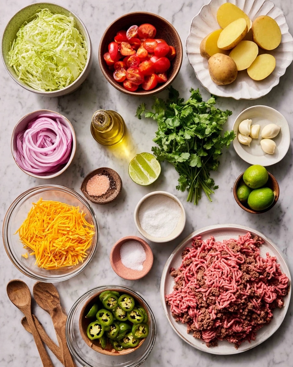The image shows many small bowls and a white plate with fresh ingredients on a white marbled surface. The white plate on the right holds a large pile of raw ground meat with visible strands. Near it, a white bowl contains shredded light green lettuce, while another white bowl nearby has halved yellow baby potatoes. A glass bowl displays shredded bright orange cheese, and a small white dish contains sliced green jalapeños, split open to show seeds inside. There are also halved red cherry tomatoes in a white bowl, pickled red onion strips in a white bowl, and a bunch of fresh green cilantro on the side. Two lime halves sit in a white scalloped dish along with two cloves of garlic on another small white dish. Small bowls hold white powder and pink salt, with a small clear glass bottle of golden oil and a bowl of cream or sour cream visible. Two small wooden spoons lie nearby. Photo taken with an iphone --ar 4:5 --v 7