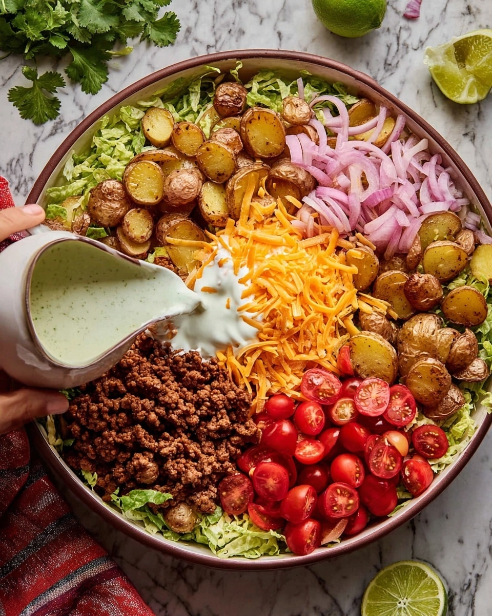 A large round white dish filled with layers of food: on the bottom left and right are fresh green shredded lettuce, next to the lettuce on the right are halved shiny red cherry tomatoes, next to the tomatoes is a large layer of bright orange shredded cheddar cheese, in the middle is a pile of brown cooked ground meat, topped with white creamy sauce and more cheese, to the left of the meat is a small pile of pink pickled onions, and above the cheese and meat are many browned sliced baby potatoes. A woman's hand pours more white creamy sauce from a small white pitcher onto the bottom left of the dish. The background is a white marbled surface with a halved lime and some cilantro at the top. photo taken with an iphone --ar 4:5 --v 7