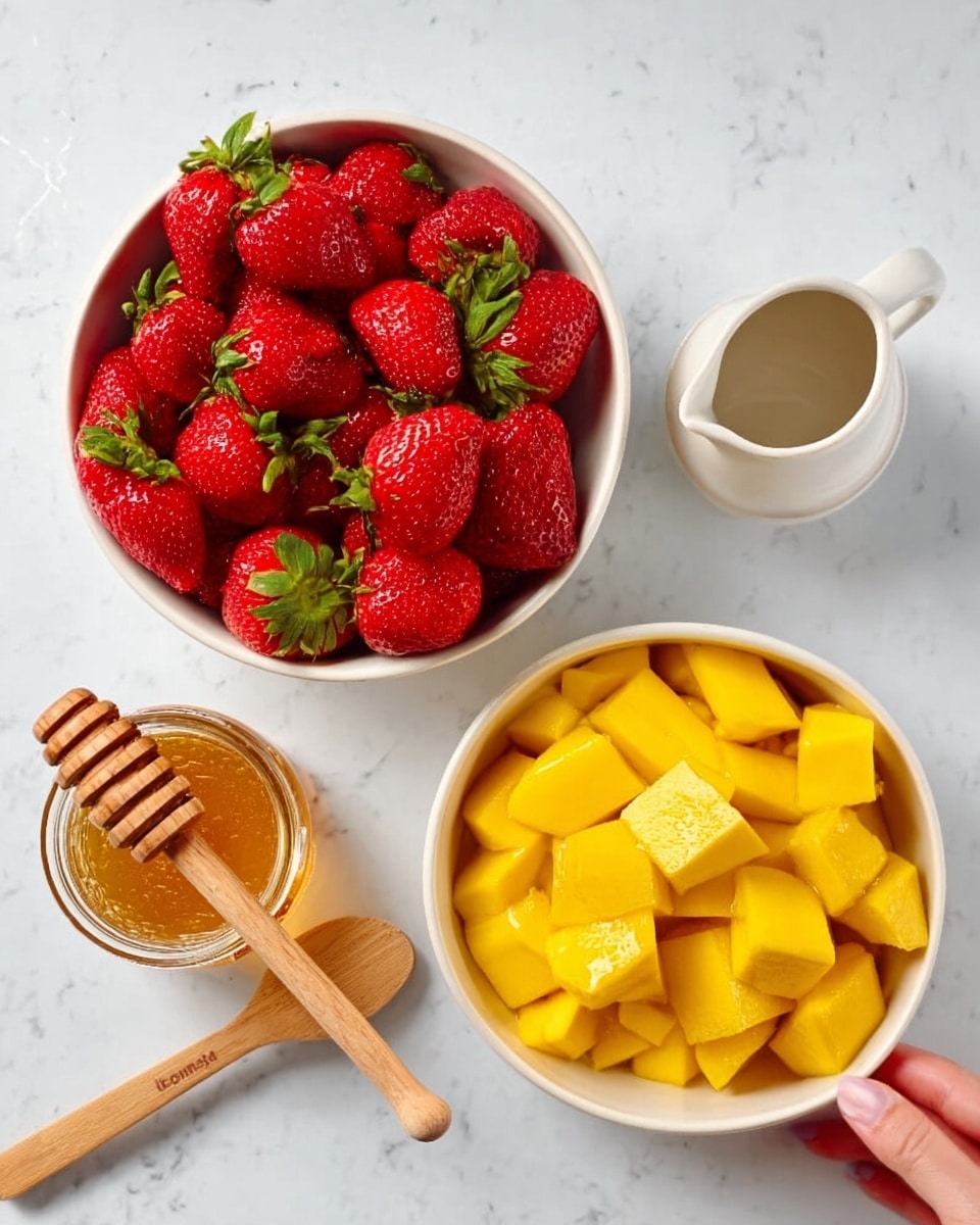 The image shows two white bowls on a white marbled surface. The top bowl is full of fresh red strawberries with green leaves. The bottom bowl contains yellow mango pieces, neatly arranged and cut into cubes. To the right of the bowls, there is a white small pitcher with a handle. Below the bowls, there is a small glass jar of honey with a wooden honey dipper resting on top. Two wooden stick spoons are near the jar on the surface. A woman's hand is holding the jar slightly from the lower left side. photo taken with an iphone --ar 4:5 --v 7