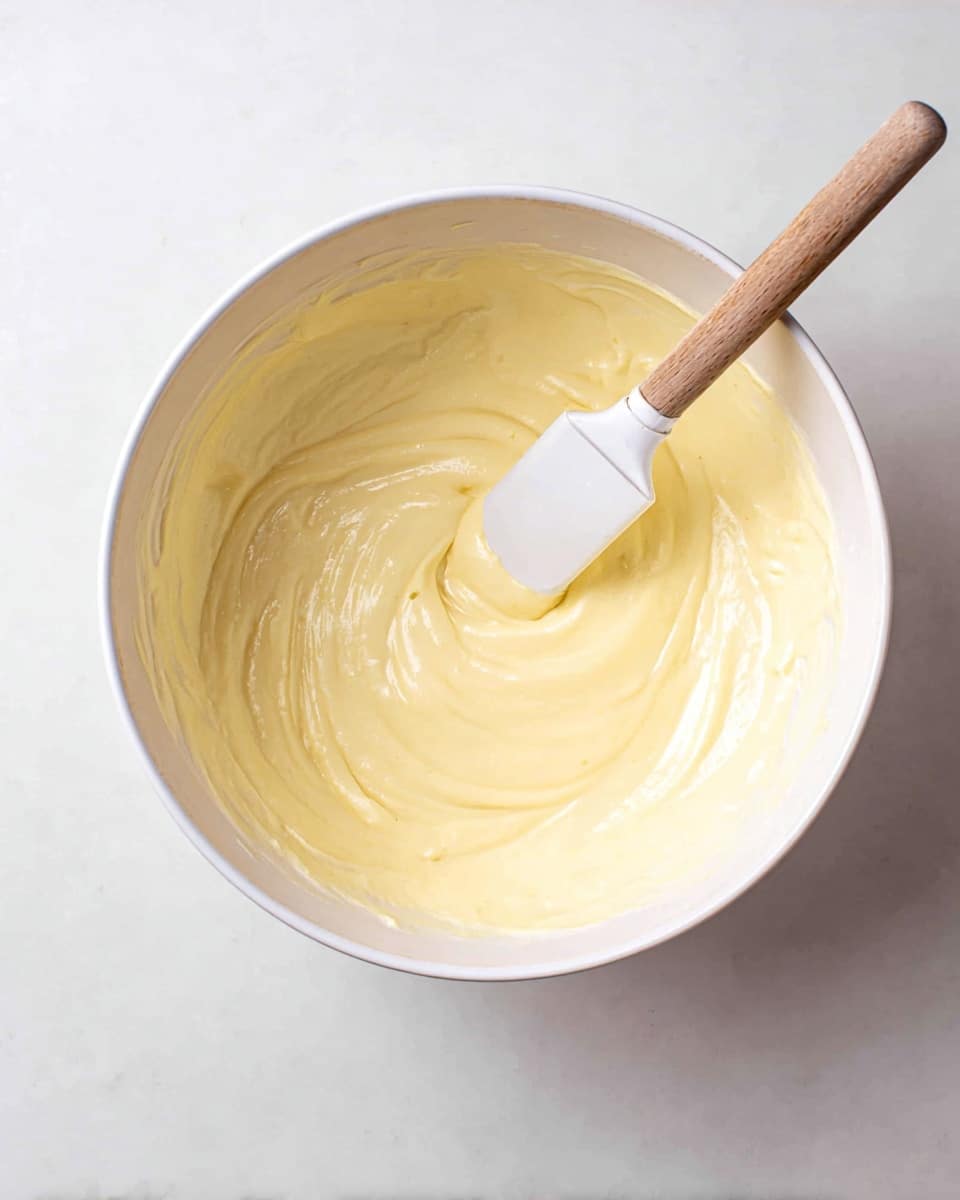 A white bowl sits on a white marbled surface filled with smooth, creamy pale yellow batter. A spatula with a white silicone blade and a wooden handle rests inside the bowl, partially covered with the batter. The texture of the batter looks thick and well-mixed with soft swirls showing where the spatula has stirred. The lighting is bright and even, highlighting the glossy surface of the batter. Photo taken with an iphone --ar 4:5 --v 7