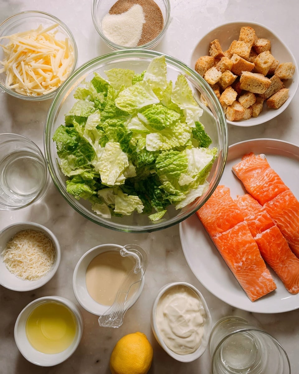 A clear glass bowl filled with chopped green lettuce sits in the center of a white marbled surface. Surrounding it are small white bowls and glass containers holding different ingredients: thin yellow cheese slices, coarse grated cheese, a clear liquid, a small amount of brown paste, a halved lemon, creamy white sauce, and a yellow liquid. On a white plate to the right are three bright orange raw fish fillets. Another glass bowl above the fish contains golden-brown croutons. A woman’s hand is not visible but implied to be near the bowls, ready to prepare the dish. photo taken with an iphone --ar 4:5 --v 7