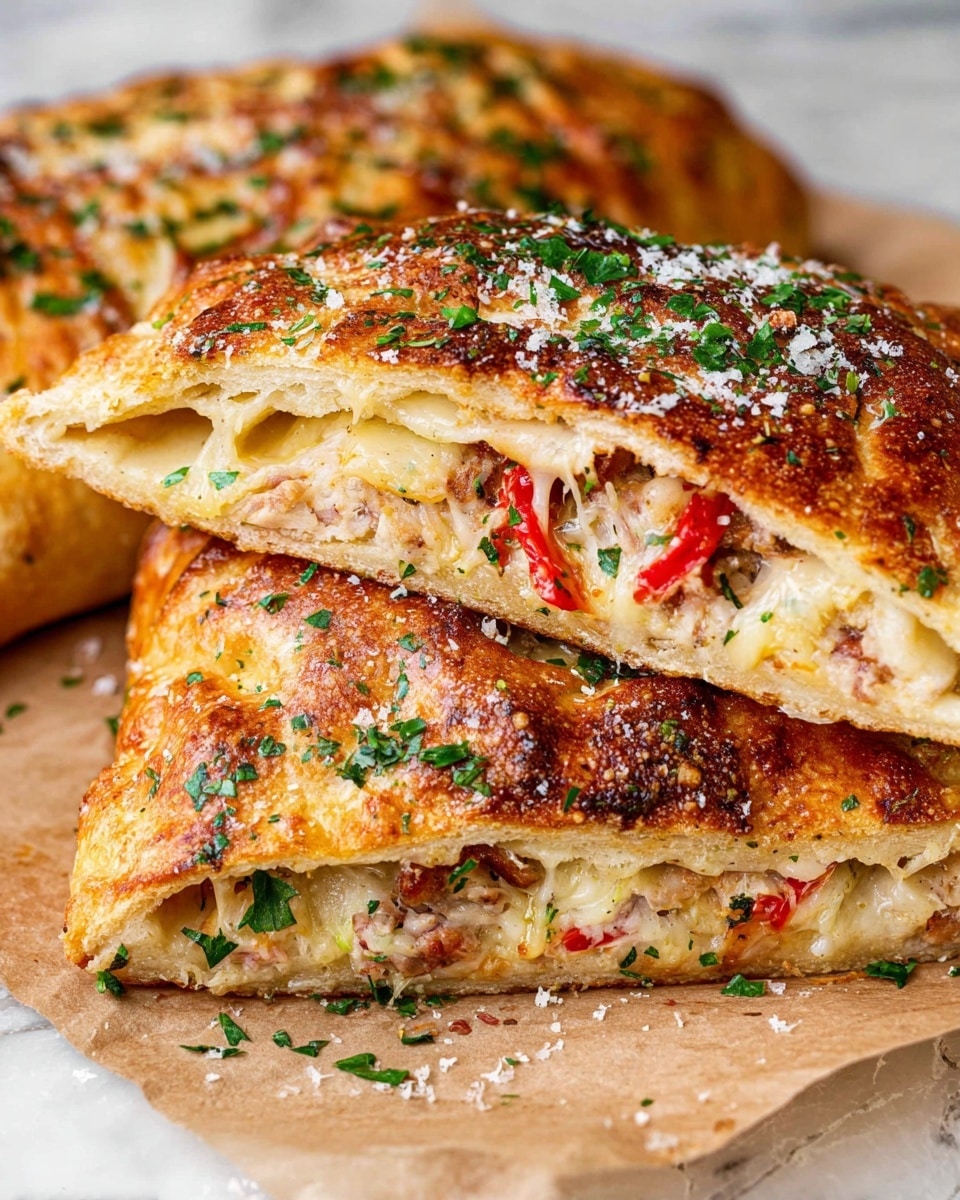 The image shows a close-up of two folded calzones stacked on a piece of brown parchment paper. Each calzone has a golden-brown, slightly crispy crust with toasted, bubbly texture sprinkled with green chopped herbs and grated white cheese on top. Inside, the filling is visible, with melted light yellow cheese, bits of cooked meat, and thin red strips, likely roasted red peppers. The layers inside show a gooey, creamy cheese texture mixed with small bits of savory filling, surrounded by the well-baked dough. The background is a white marbled texture. photo taken with an iphone --ar 4:5 --v 7