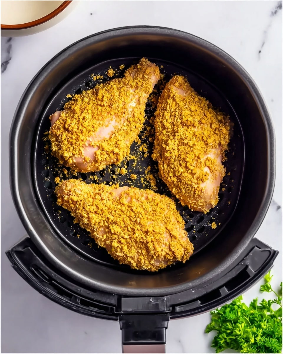 Three pieces of raw chicken coated in a yellow crumb mixture lay inside a black air fryer basket. The chicken pieces are arranged with one piece on the left side, one in the middle slightly tilted, and one on the right side, showing a mix of smooth and textured surfaces from the crumb coating. The black basket contrasts with the white marbled background beneath. In the bottom right corner, a small bunch of fresh green parsley adds a pop of color, while in the top left corner, part of a white bowl with a brown rim is visible. Photo taken with an iphone --ar 4:5 --v 7