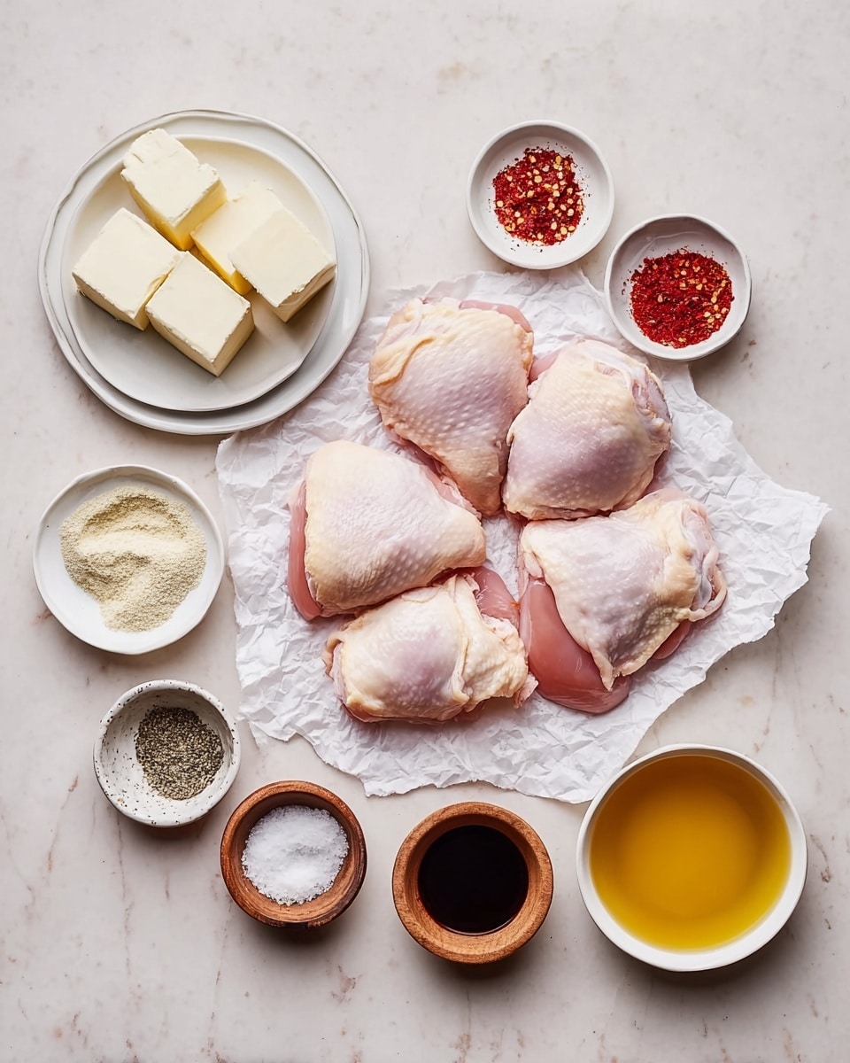 The image shows six raw chicken thighs placed in the center on crumpled white parchment paper, with smooth pale pink skin and a bit of white fat. Surrounding the chicken are small round white bowls and plates arranged evenly on a white marbled texture background. On the top left, a white plate with four off-white square butter pieces is seen, and next to it is a small white saucer with bright red chili powder. Below, a small white bowl contains light beige garlic powder, with a small white dish holding white salt beside it. Below that is a wooden bowl filled with black pepper. On the right side of the chicken, there's a small white bowl with a golden thin liquid, a white bowl with dark red sauce, a black dish with coarse sea salt, and a white bowl with light amber broth. All items are neatly placed and spaced evenly. Photo taken with an iphone --ar 4:5 --v 7