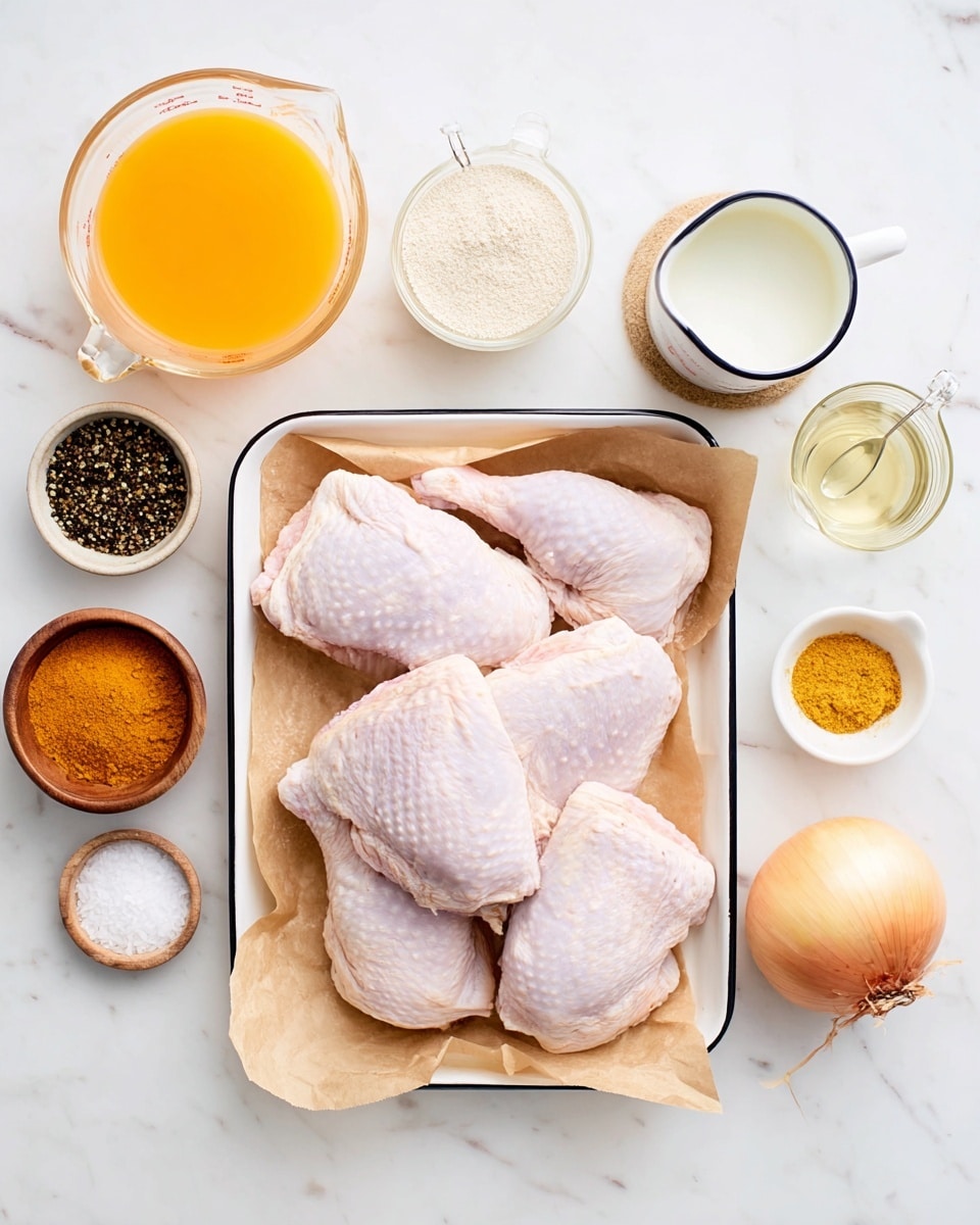 The image shows a white rectangular tray lined with brown parchment paper, holding five raw chicken parts with pale pink skin and visible texture. Surrounding the tray are small round white bowls and wooden bowls with various spices including black pepper, salt, orange-red powder, yellow powder, and two kinds of light brown powders. There are two clear glass measuring cups, one filled with a bright orange liquid and the other with a clear liquid. A white pitcher with a black rim holds a white liquid, and a whole onion with a light brown outer skin sits near the bottom right. The entire setup is on a white marbled surface. photo taken with an iphone --ar 4:5 --v 7