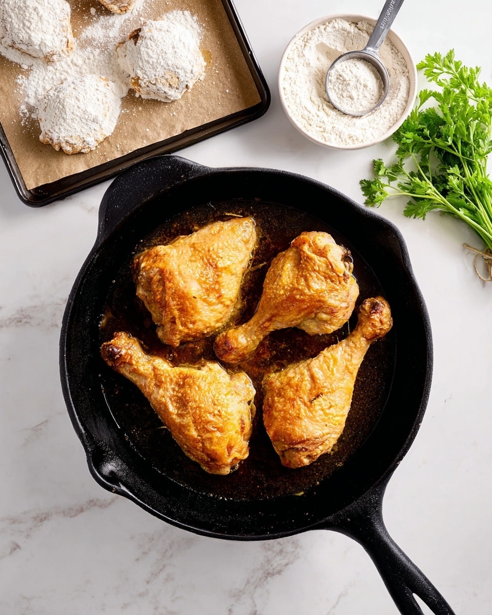 A black cast iron skillet holds three golden-brown cooked chicken pieces with crispy, slightly shiny skin sitting in dark cooking juices, arranged with two drumsticks on the right side and one piece with both drumstick and thigh on the left. To the top left, there is a black baking tray lined with brown parchment paper filled with raw chicken pieces coated in white flour. At the top right, a small white bowl contains flour with a metal measuring spoon resting inside, and a small bunch of fresh green parsley lies beside it, all placed on a white marbled surface. Photo taken with an iphone --ar 4:5 --v 7