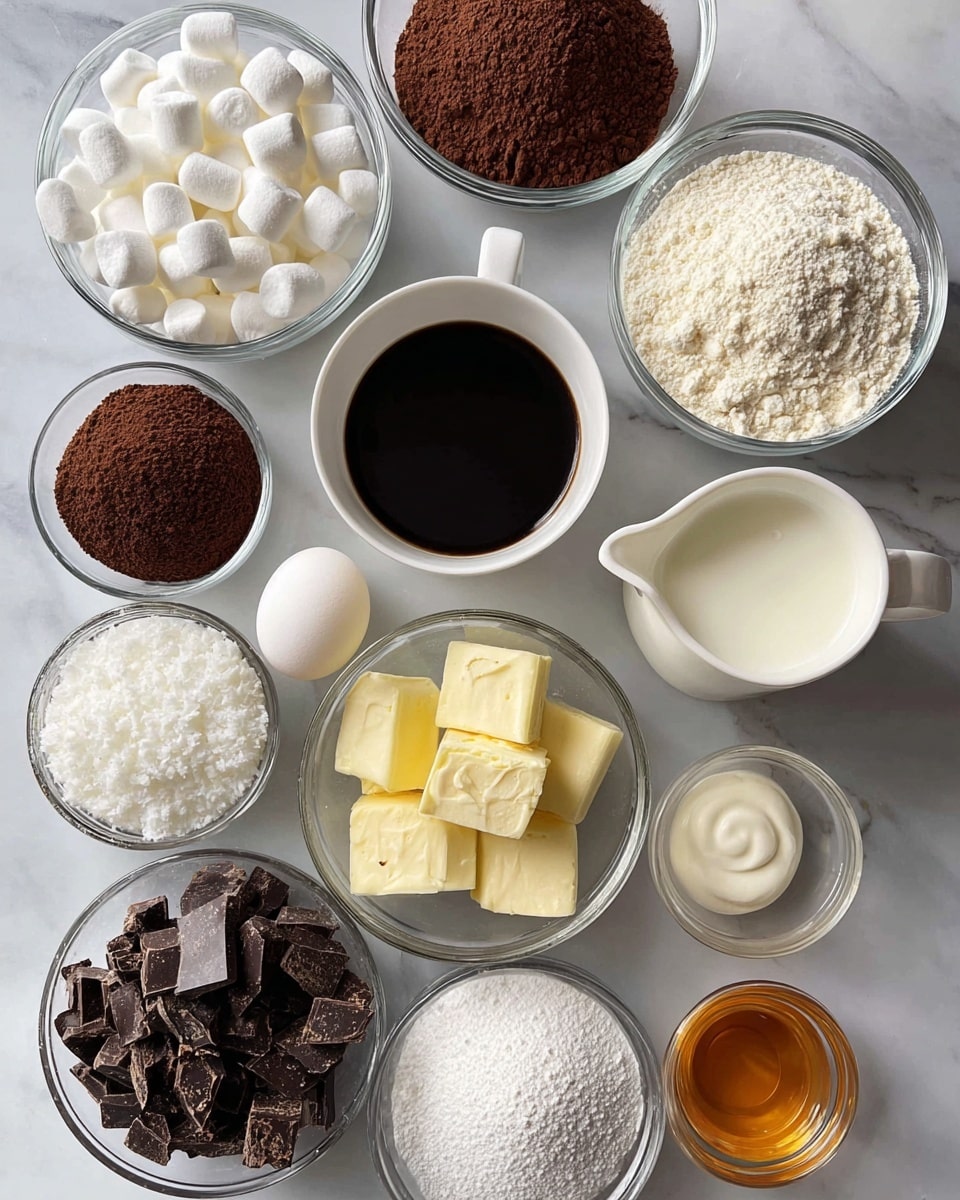 A flat lay of baking ingredients is shown on a white marbled surface, arranged neatly in clear glass bowls and cups. There are four main layers of ingredients grouped closely: from top left, a bowl full of white mini marshmallows, next to it a bowl piled with white flour, and beside that a bowl with dark brown cocoa powder. On the next layer down, a bowl of white sugar sits center-left, with a single white egg to its right and a small bowl of light yellow oil nearby. Below these, a white cup filled with black coffee is to the left of a bowl holding three chunks of pale yellow butter, while to the right there's a bowl of white milk. At the bottom row, a small bowl with white baking soda and powder is next to a bowl of shiny dark chocolate chunks, with a small bowl of golden vanilla extract nearby, and a pitcher of white cream lined up to the left. The whole setup looks orderly and bright with natural light. Photo taken with an iphone --ar 4:5 --v 7