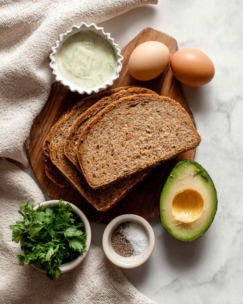 Two thick slices of brown bread with a rough texture sit side by side on a wooden cutting board, which is placed on a soft beige cloth. To the right of the bread, there is half an avocado showing its light green flesh and large brown seed. Next to the avocado, two brown eggs with smooth shells rest on the white marbled surface. Above the bread on the cutting board, there is a small white scalloped bowl with a speckled light green creamy sauce inside. In front of the bread, a small white bowl contains fresh green parsley with vibrant leaves. Beside the parsley bowl, another small white bowl holds coarse salt and ground black pepper. The whole arrangement is set on a clean white marbled surface. photo taken with an iphone --ar 4:5 --v 7
