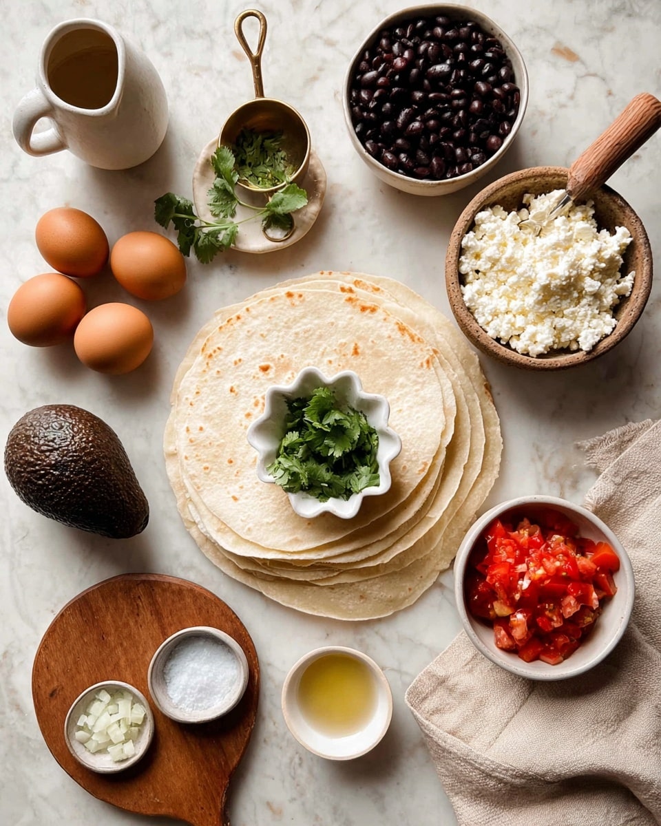 The image shows a flat lay of ingredients arranged on a white marbled surface. In the center, there are four folded light beige tortillas stacked in a fan shape. On top of the tortillas, there is a small white scalloped bowl filled with chopped green cilantro. To the right, a brass measuring cup with a wooden handle holds white crumbled cheese, and next to it, a white mug is filled with black beans. Above the tortillas, there is a small beige jug with oil. To the left, a white mug contains three brown eggs, and below it is a small white bowl with finely chopped onions and a wooden spoon. Below the onions is a whole dark brown avocado. At the bottom, a wooden board holds a small white bowl of salt and a small white dish with a light yellow liquid. To the right, a white bowl contains bright red diced tomatoes, and a beige cloth napkin rests nearby. Photo taken with an iphone --ar 4:5 --v 7