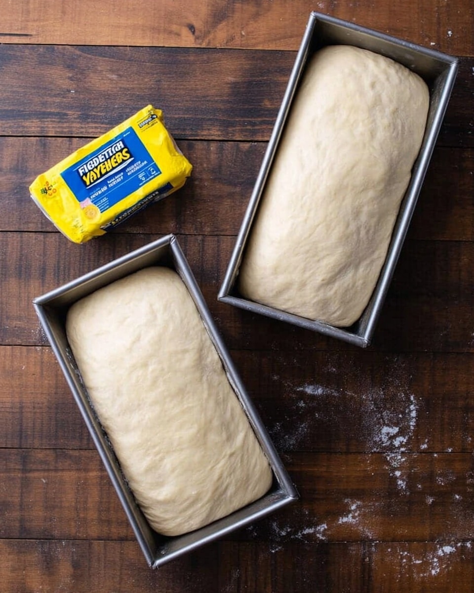 Two metal loaf pans each hold a smooth, pale dough loaf stretched to the edges, ready to rise. The dough has a soft, slightly puffy texture with light lumps and a gently rounded top. Above the pans is a small bright yellow and blue packet of yeast. The pans sit on a dark wooden surface with visible grain and lines. photo taken with an iphone --ar 4:5 --v 7