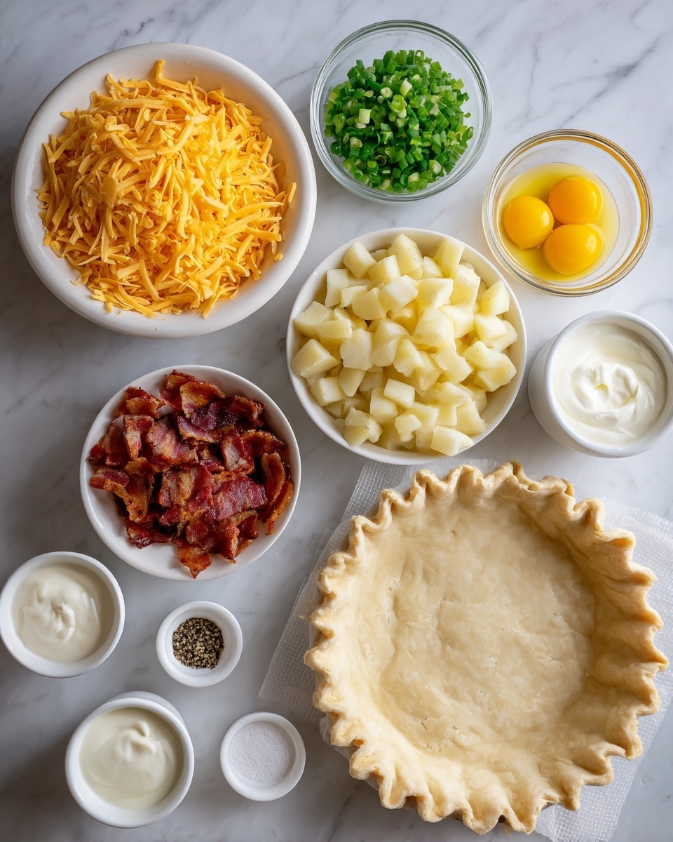 The image shows bowls and a pie crust arranged on a white marbled surface. At the top left, a white bowl is filled with bright orange shredded cheddar cheese. Next to it, a smaller white bowl holds chopped green onions. On the top right, there is a clear glass cup with beaten yellow eggs. Below these, a white bowl is filled with small pale yellow potato cubes, and to its left, another white bowl contains crispy cooked bacon pieces which are reddish-brown. Near the bottom left, a small white dish holds salt and black pepper. Below the potatoes, there are two small white cups, one with white milk and the other with creamy white heavy cream. At the bottom right, an unbaked pie crust rests on parchment paper, showing a light beige color with a crimped edge. Photo taken with an iphone --ar 4:5 --v 7