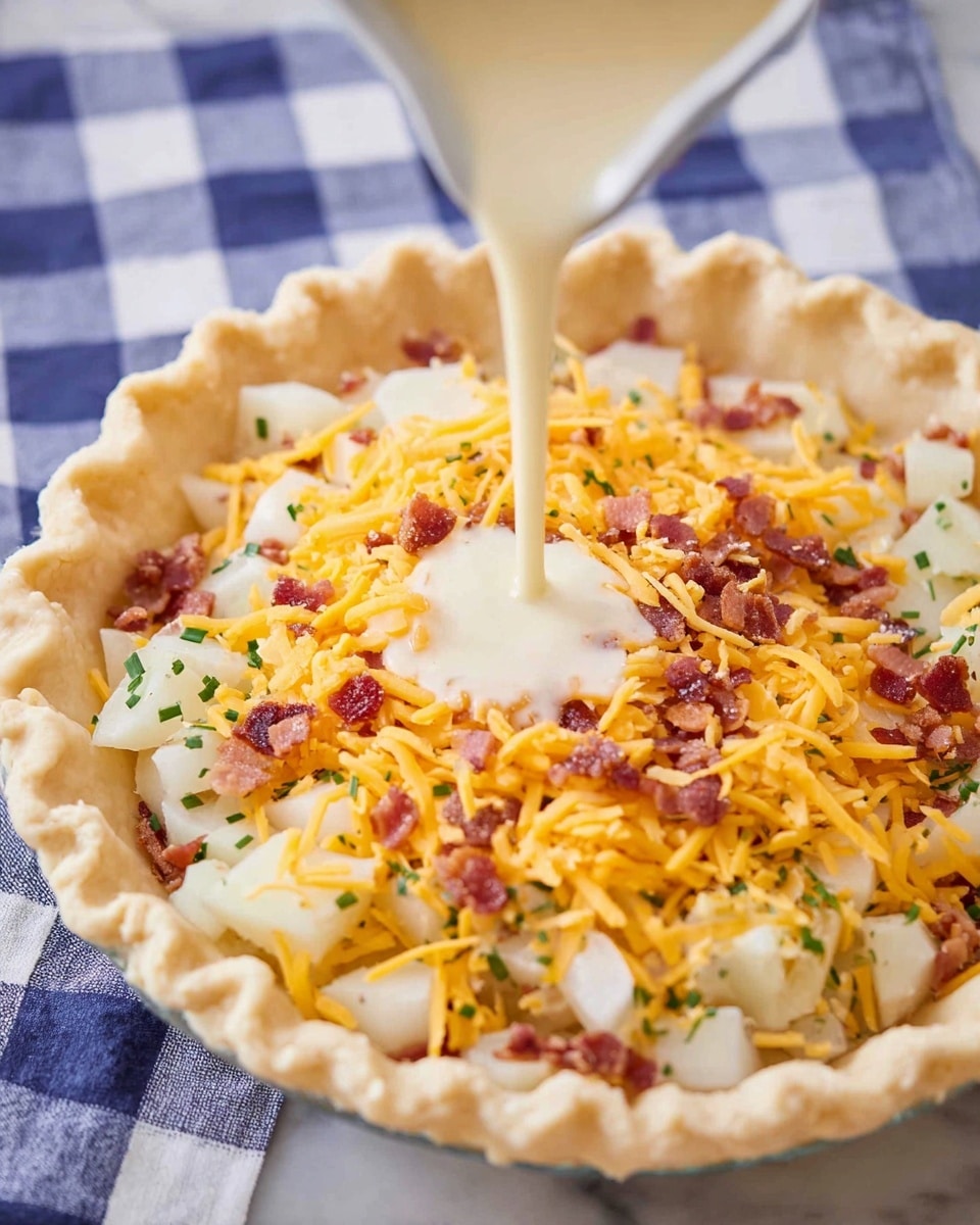 A close-up image of a pie crust filled with multiple layers of ingredients on a white marbled surface with a blue and white checkered cloth underneath. The first layer inside the crust is a mix of chopped white potatoes and small bits of cooked bacon, sprinkled evenly around. Over that, there is a layer of shredded orange cheddar cheese spread all over. A creamy white liquid is being poured into the center of the pie filling, creating a small pool in the middle. Small green herb pieces are scattered sparingly throughout the layers, adding a touch of color contrast. The crust is golden and has a crimped edge. Photo taken with an iphone --ar 4:5 --v 7