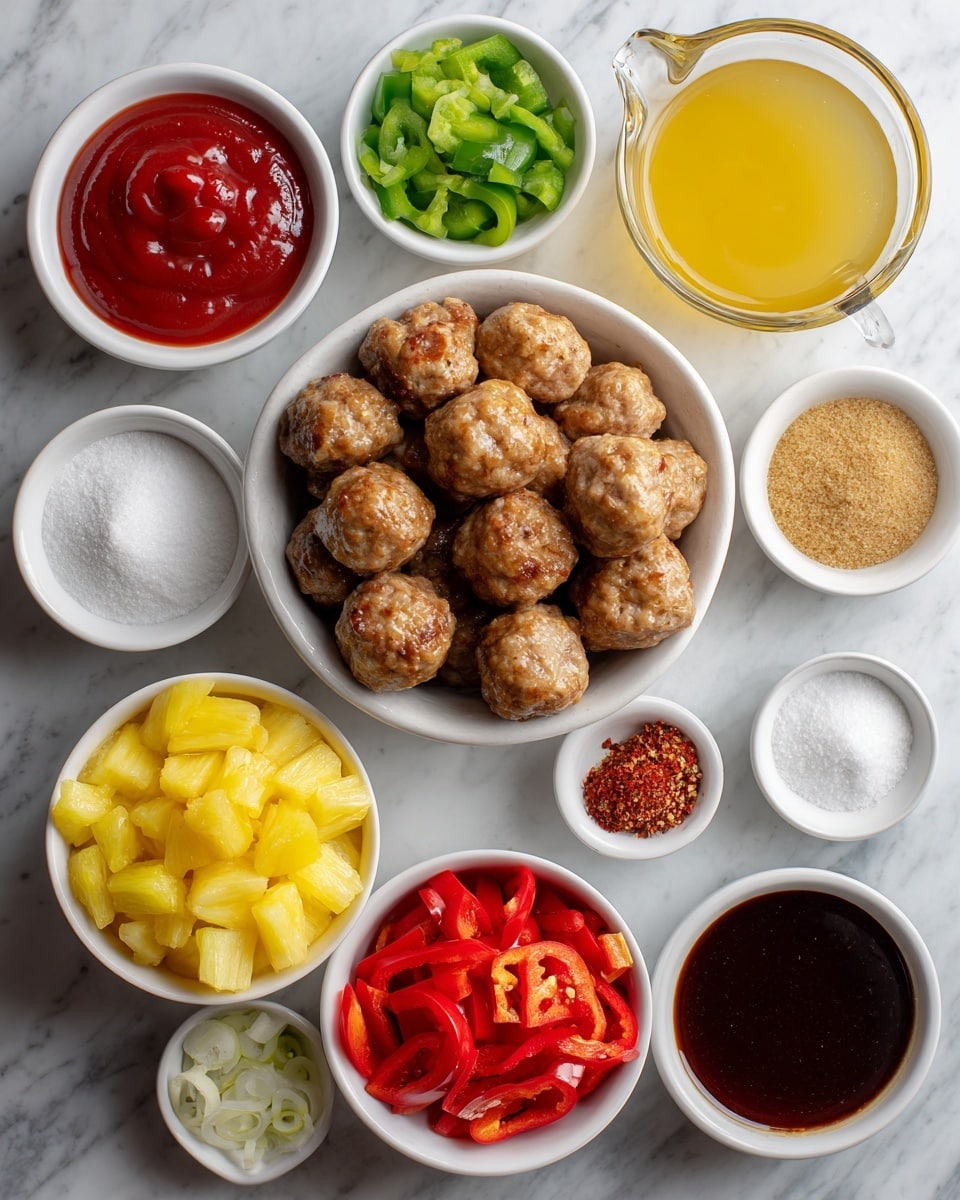 The image shows several small white bowls arranged on a white marbled surface, each filled with different ingredients. In the center, there is a bowl with many small, round meatballs that have a light brown coating. Surrounding it are bowls containing bright yellow pineapple chunks, red and green diced peppers, glossy red ketchup, and a golden brown sugar pile. Additional bowls hold white cornstarch, dark Worcestershire sauce, and a light yellow minced garlic. Small white dishes contain salt, onion powder, and red pepper flakes, while a clear measuring cup holds light yellow chicken broth. The setup is neat, with each bowl clearly showing the texture and color of the ingredients. photo taken with an iphone --ar 4:5 --v 7