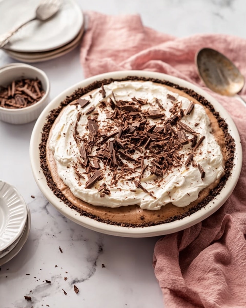 The image shows a pie in a white pie plate placed on a white marbled surface. The pie has three visible layers: the bottom layer is a dark, crumbly crust, the middle layer is smooth and light brown, and the top layer is fluffy white cream spread evenly. On top of the cream, there are many long and small chocolate shavings scattered around, adding texture and decoration. Nearby, there is a small white bowl with chocolate shavings, a white plate with a fork resting on a pink cloth, and a large spoon with some crumbs on a soft pink napkin. Photo taken with an iphone --ar 4:5 --v 7